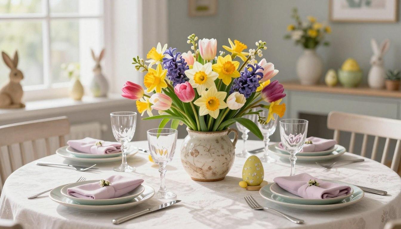 Easter table centerpieces with spring flowers Easter table centerpieces with spring flowers