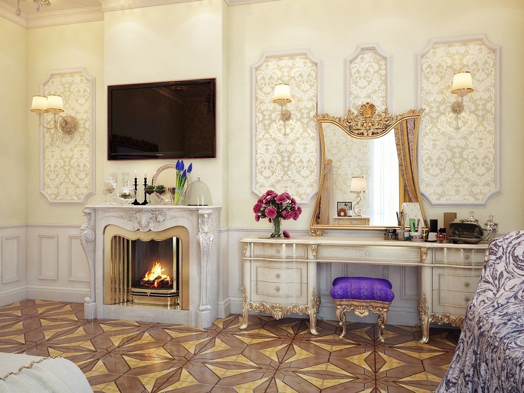 Victorian Master Bedroom Design with Antique Fireplace Under Large LED Tv