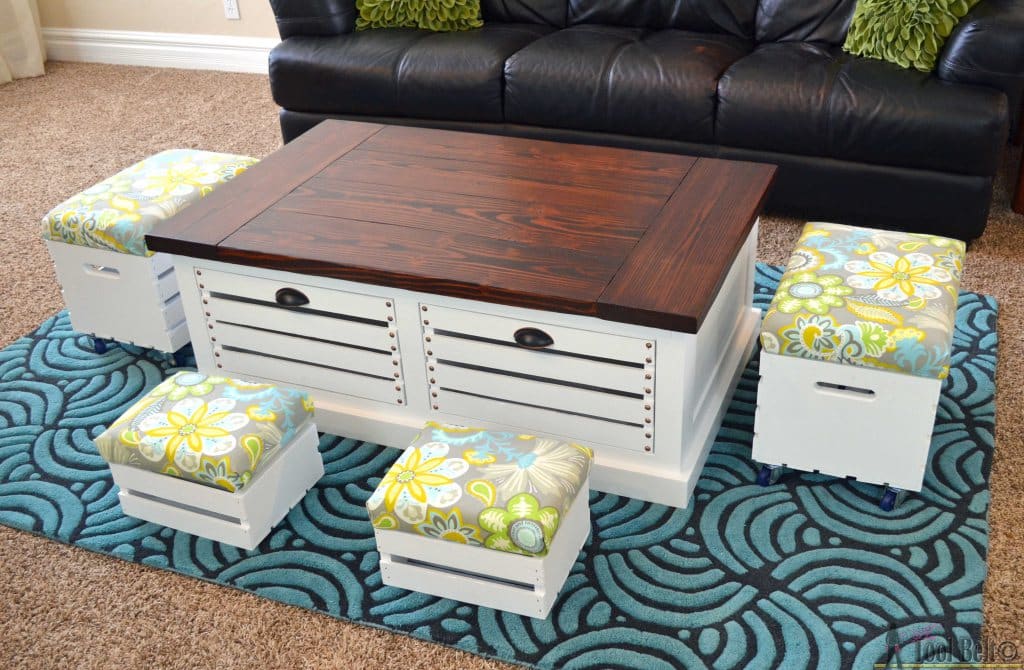 Wood Crate Coffee Table and Stool Set
