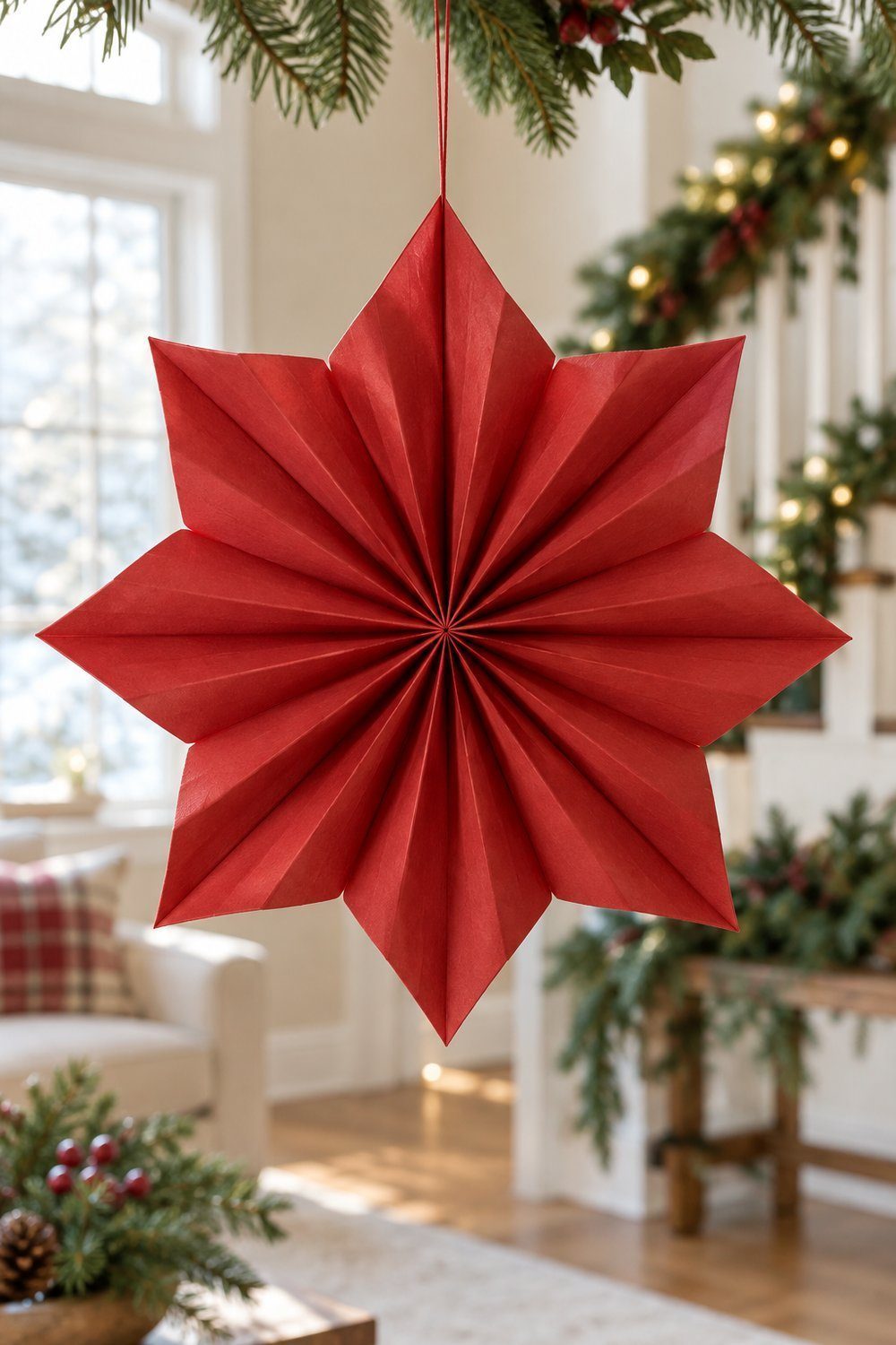 Red accordion fan paper star hanging above a white Christmas mantel