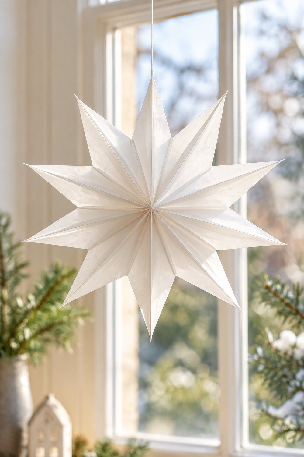 A white pleated accordion paper star with sharp points hangs by fine thread in a
