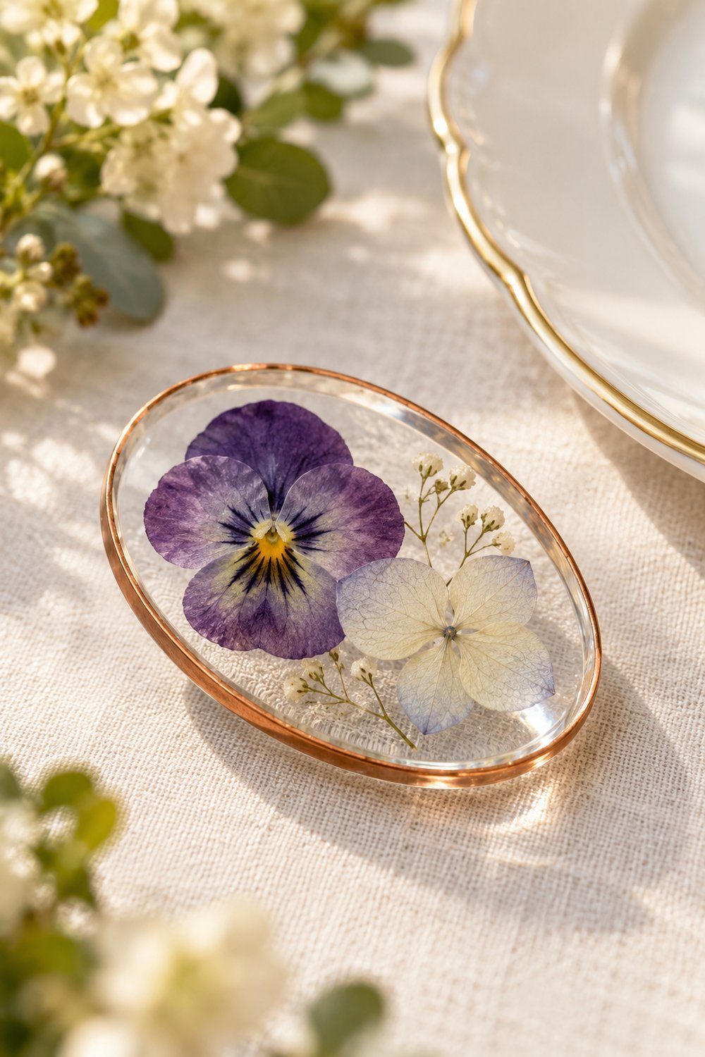 Clear acrylic place card enclosing pressed flowers inside a neat copper-tape edge