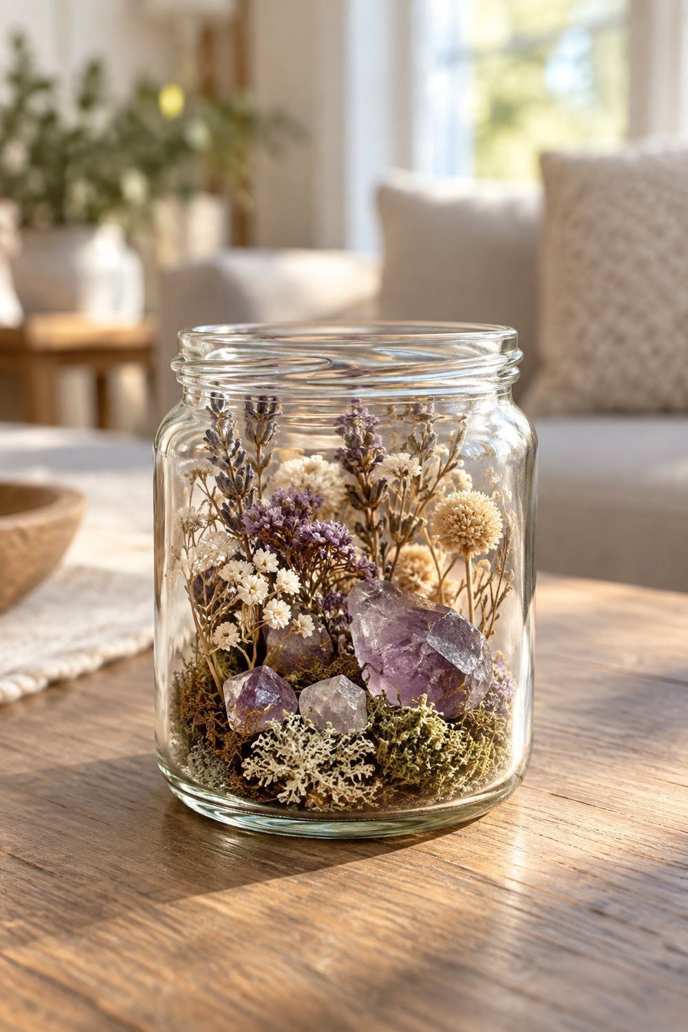 Amethyst pieces nestle among dried moss and flowers in a jelly jar