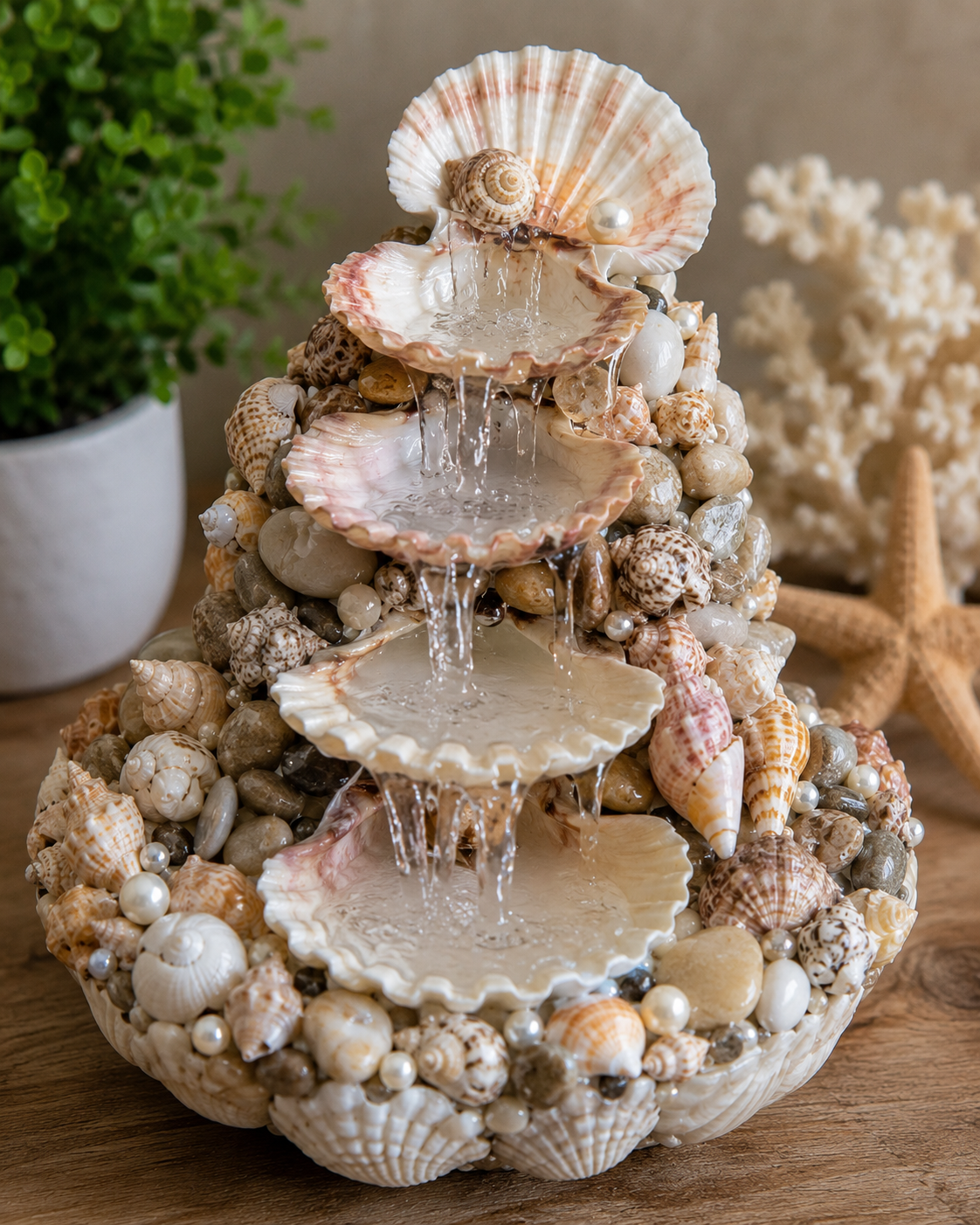 Seashell Fountain Built Around a Small Pump beautiful fountain ideas made with seashells and silicone 7