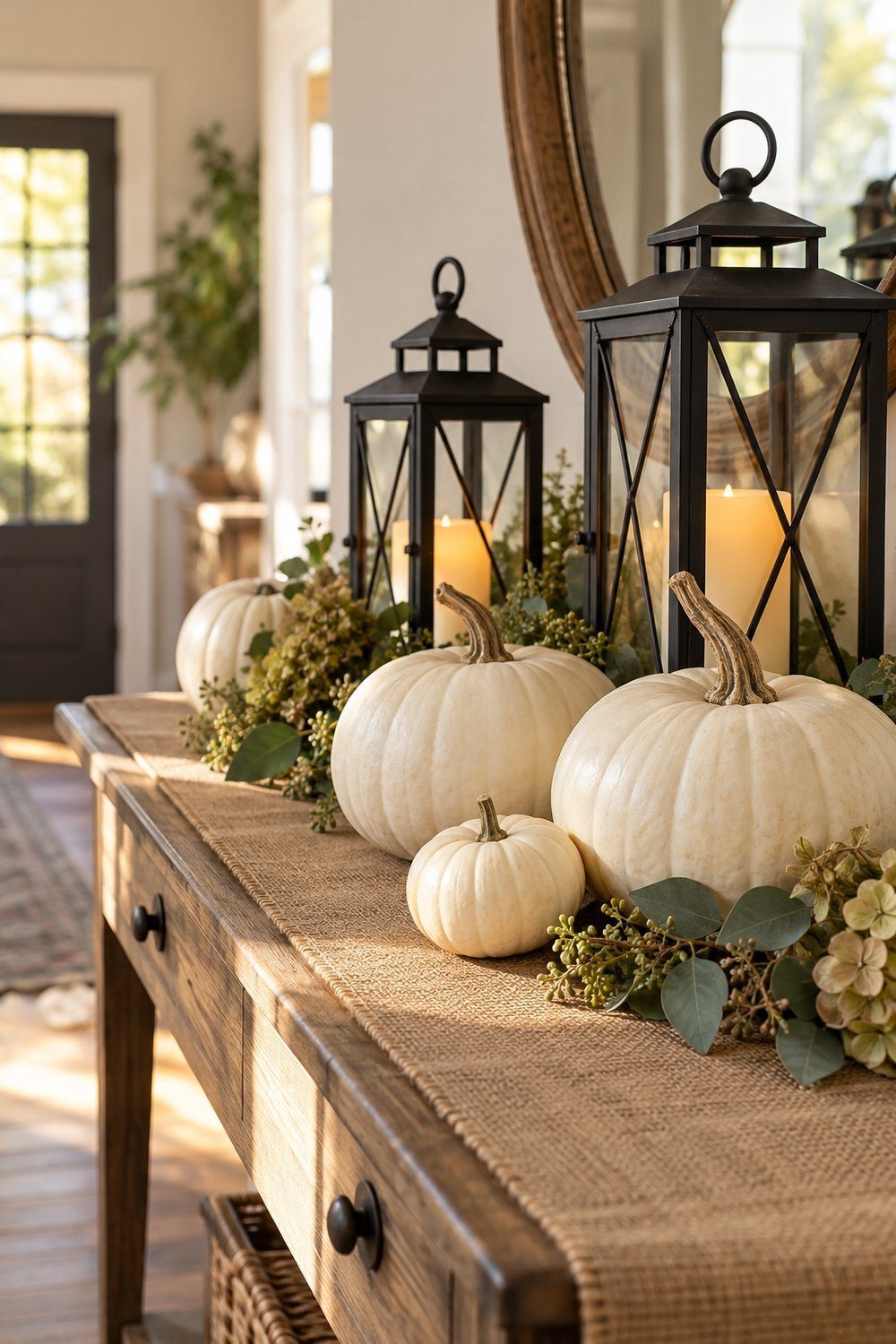 Black metal lanterns with LED candles behind whole white pumpkins on console