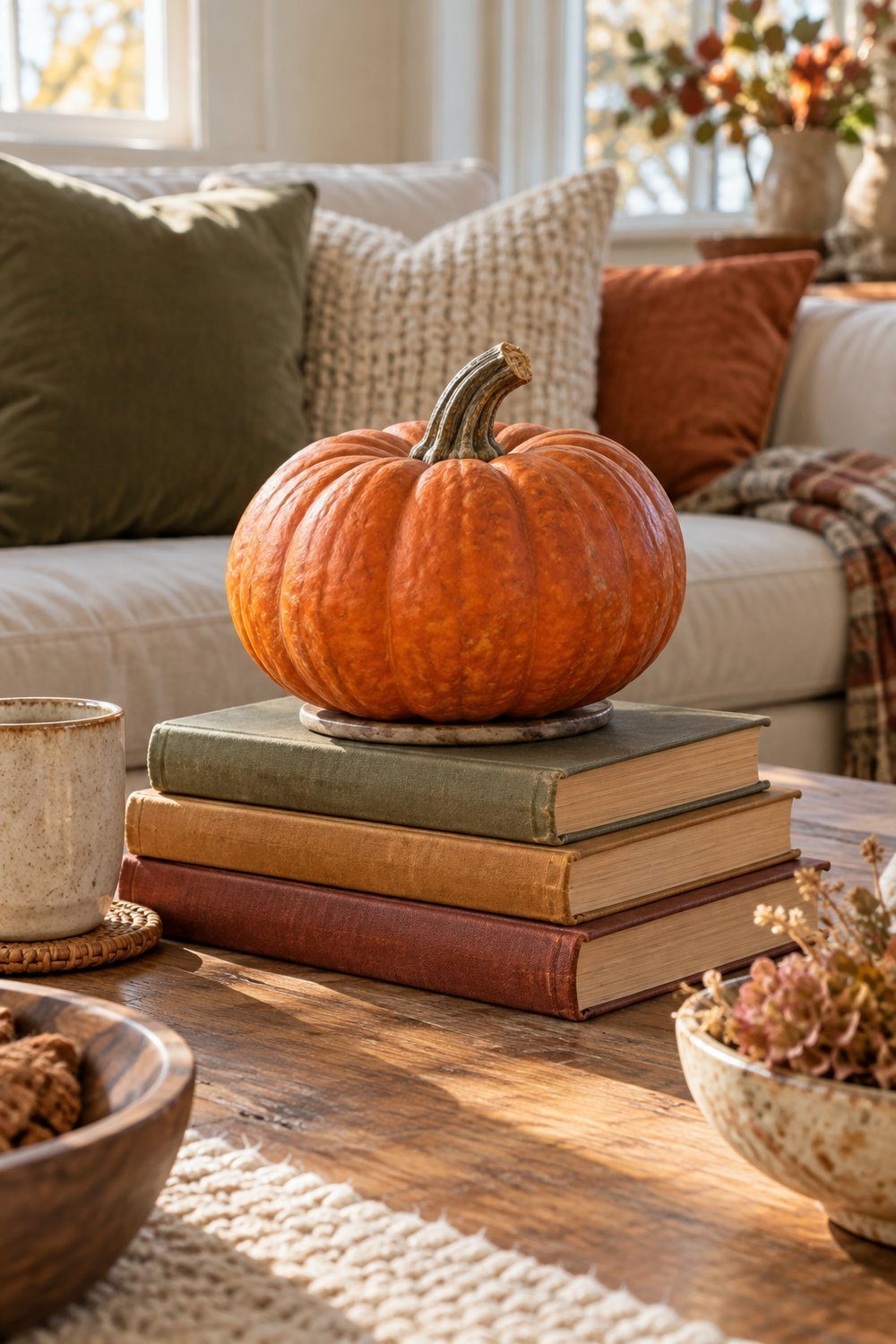 Whole green pumpkin nestled in paper leaves above vintage coffee table books