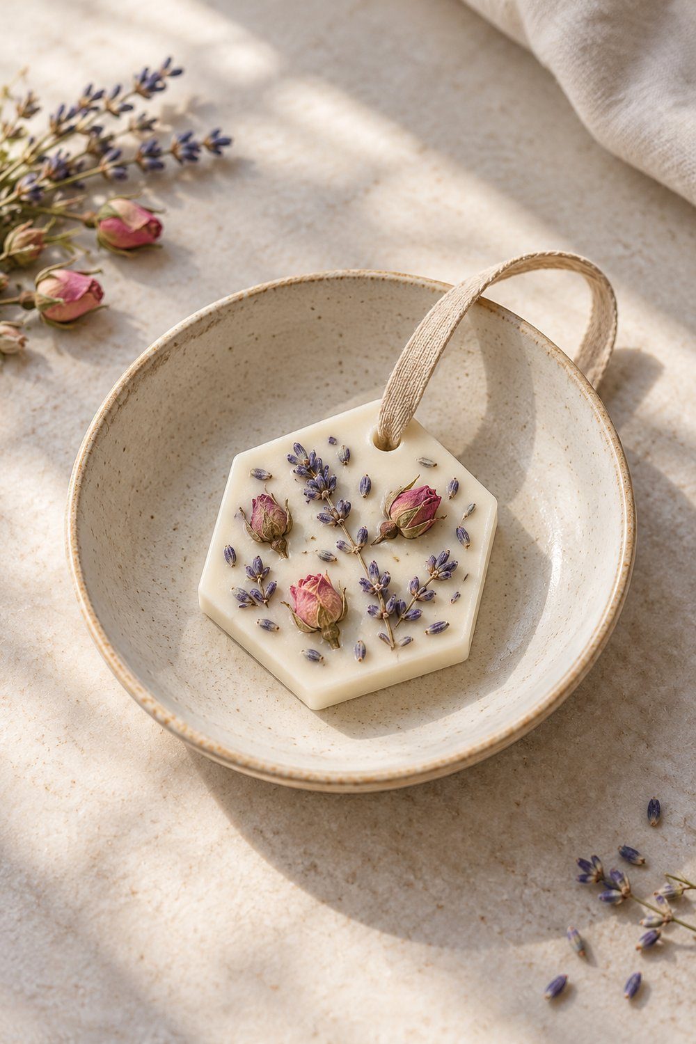 Cream wax sachet decorated with lavender and rosebuds in a ceramic bowl