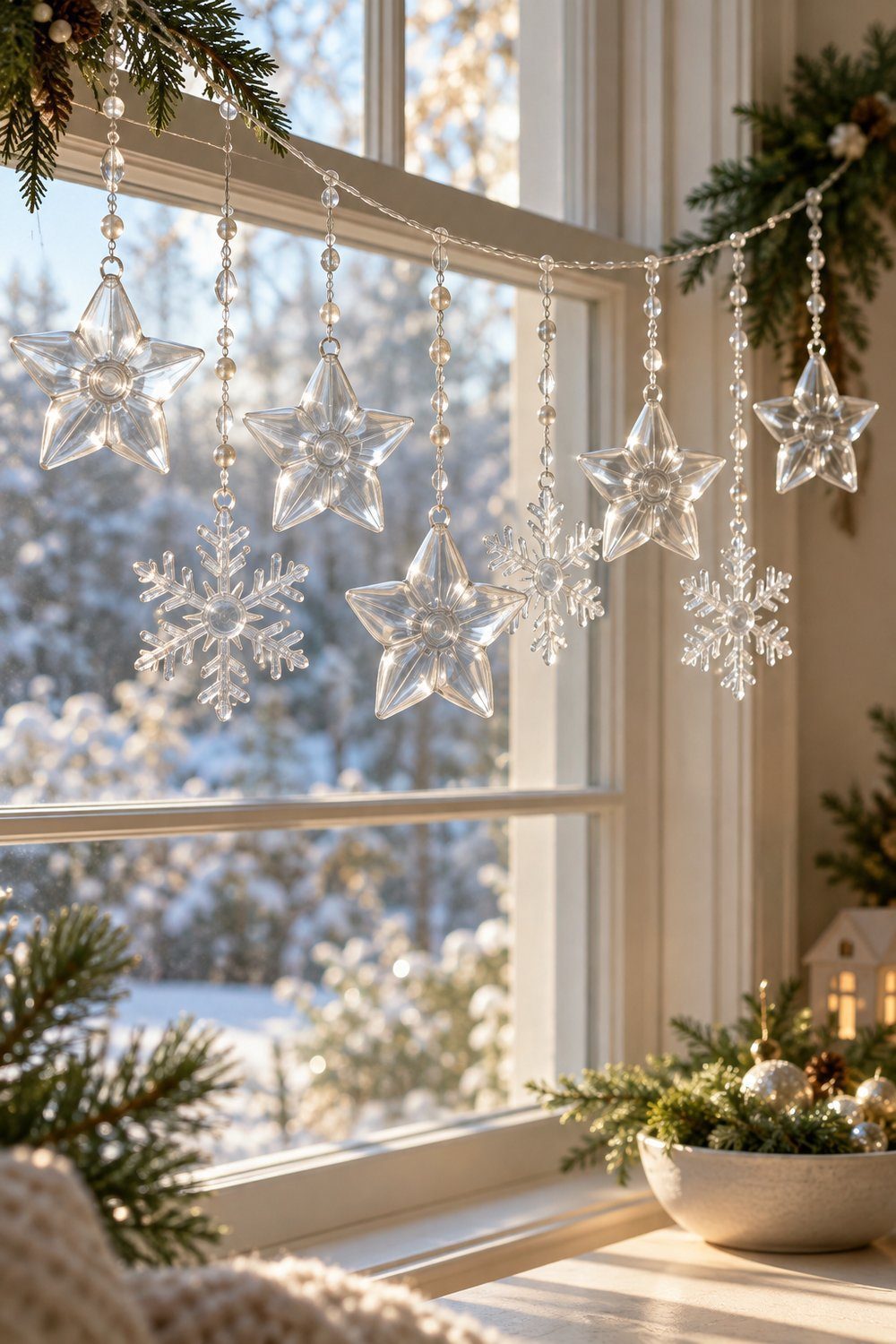 Christmas decorations made from plastic bottles Clear bottle-bottom stars and snowflakes threaded with beads across a window