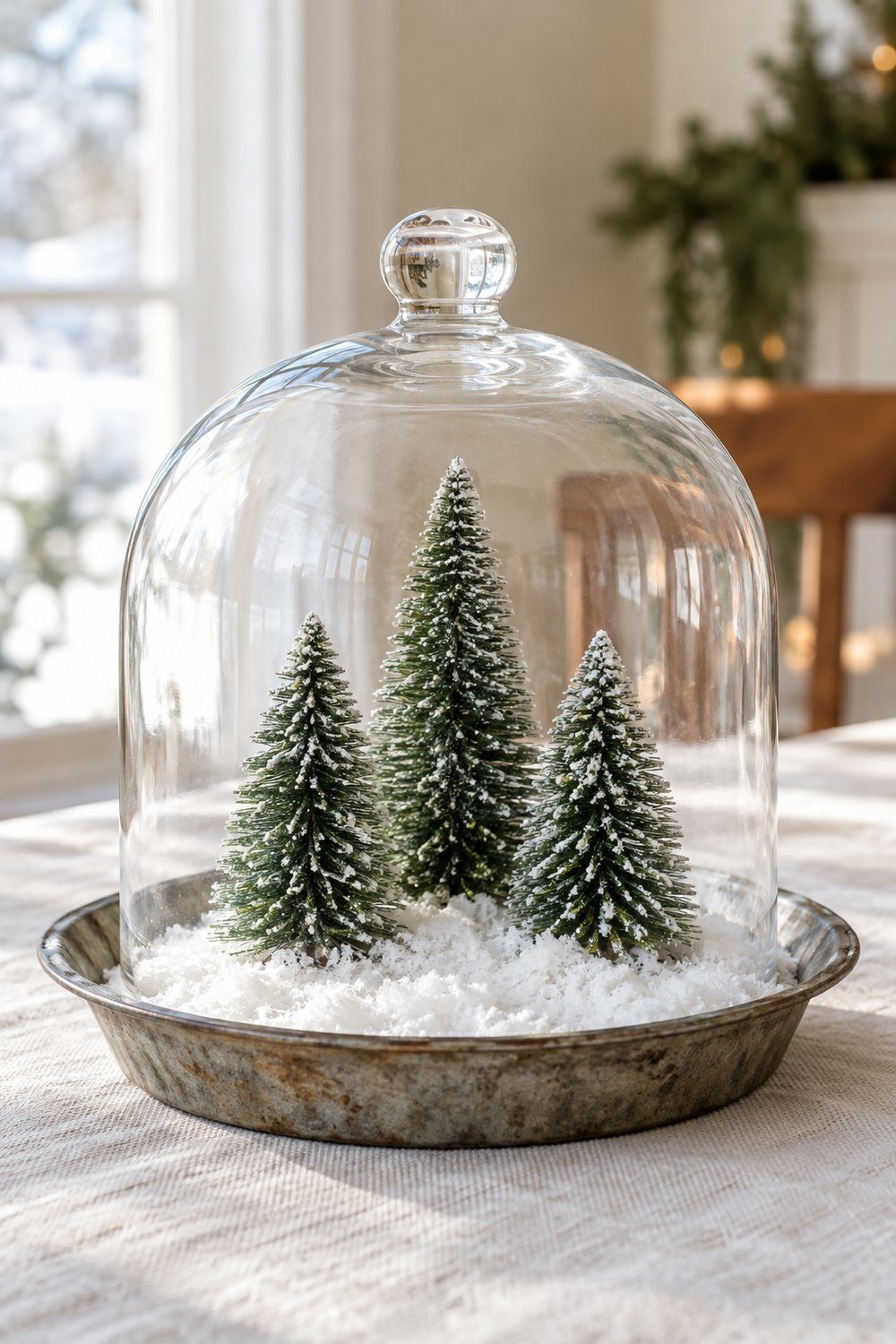 Three green bottle brush trees stand in loose white faux snow inside a vintage shallow