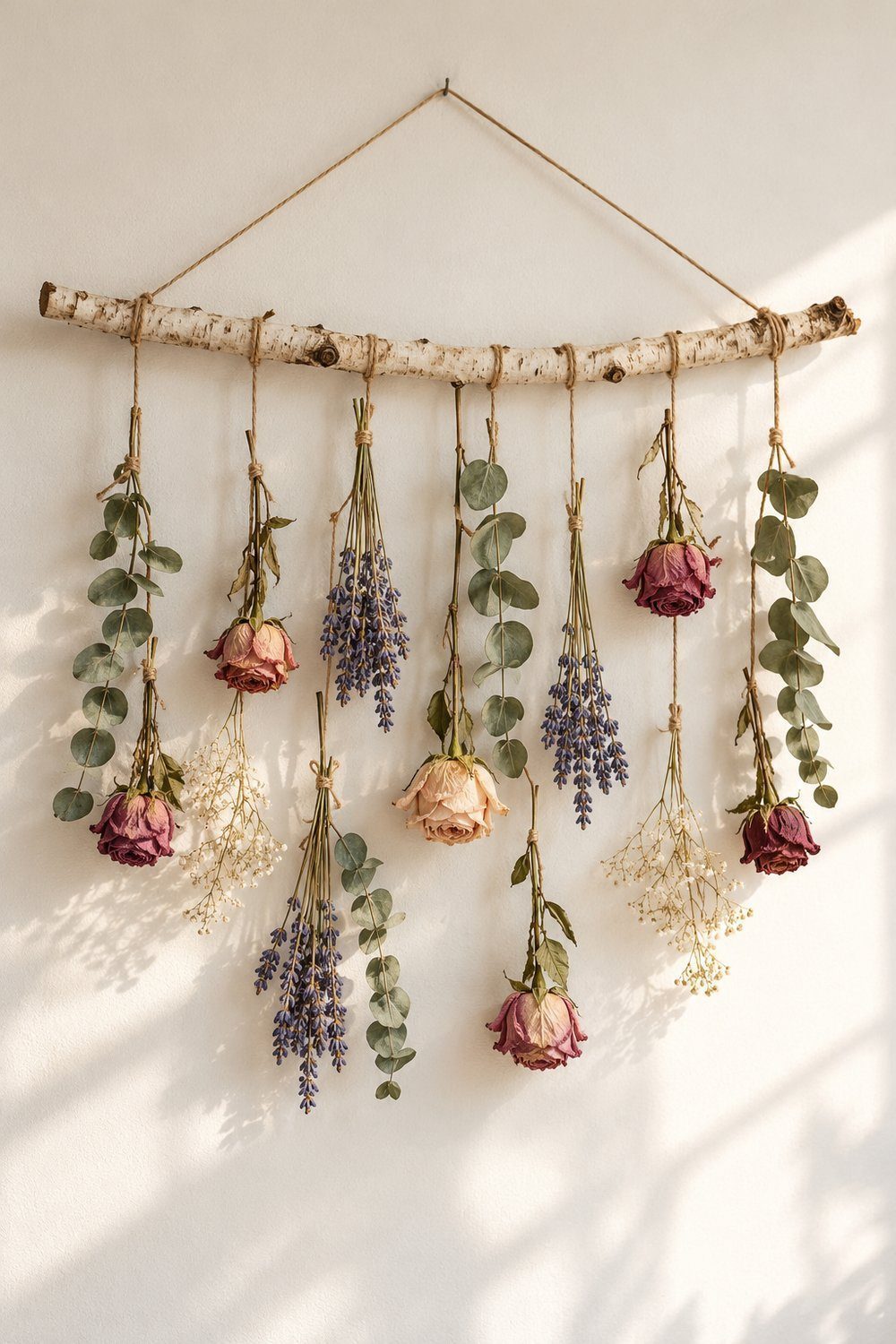 Birch branch displaying suspended dried roses, lavender, and eucalyptus on jute twine