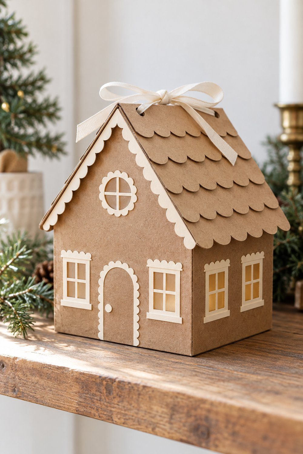 A brown cardboard gingerbread style house with scalloped kraft paper roof trim decorative paper windows