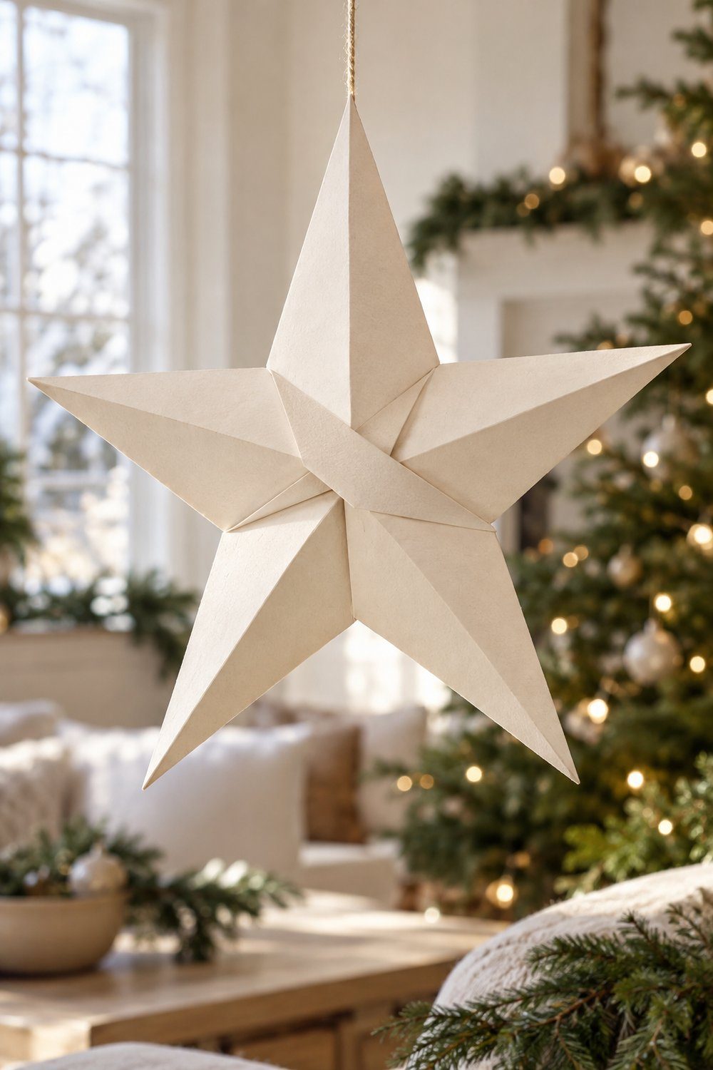 Simple joined five-point paper star made from matching squares on tree