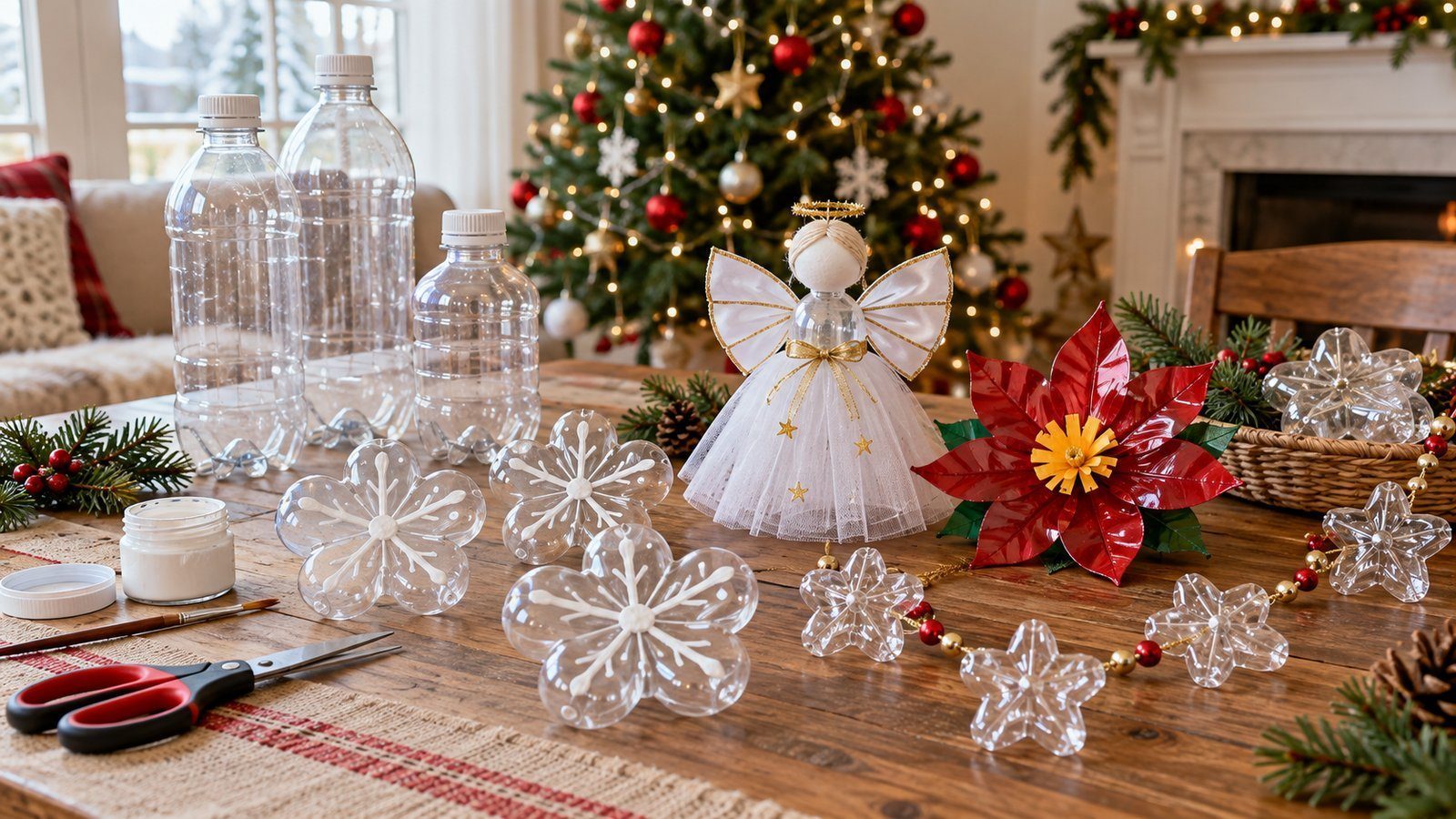 Christmas decorations made from plastic bottles Plastic bottle Christmas decorations and craft supplies arranged on a sunlit table
