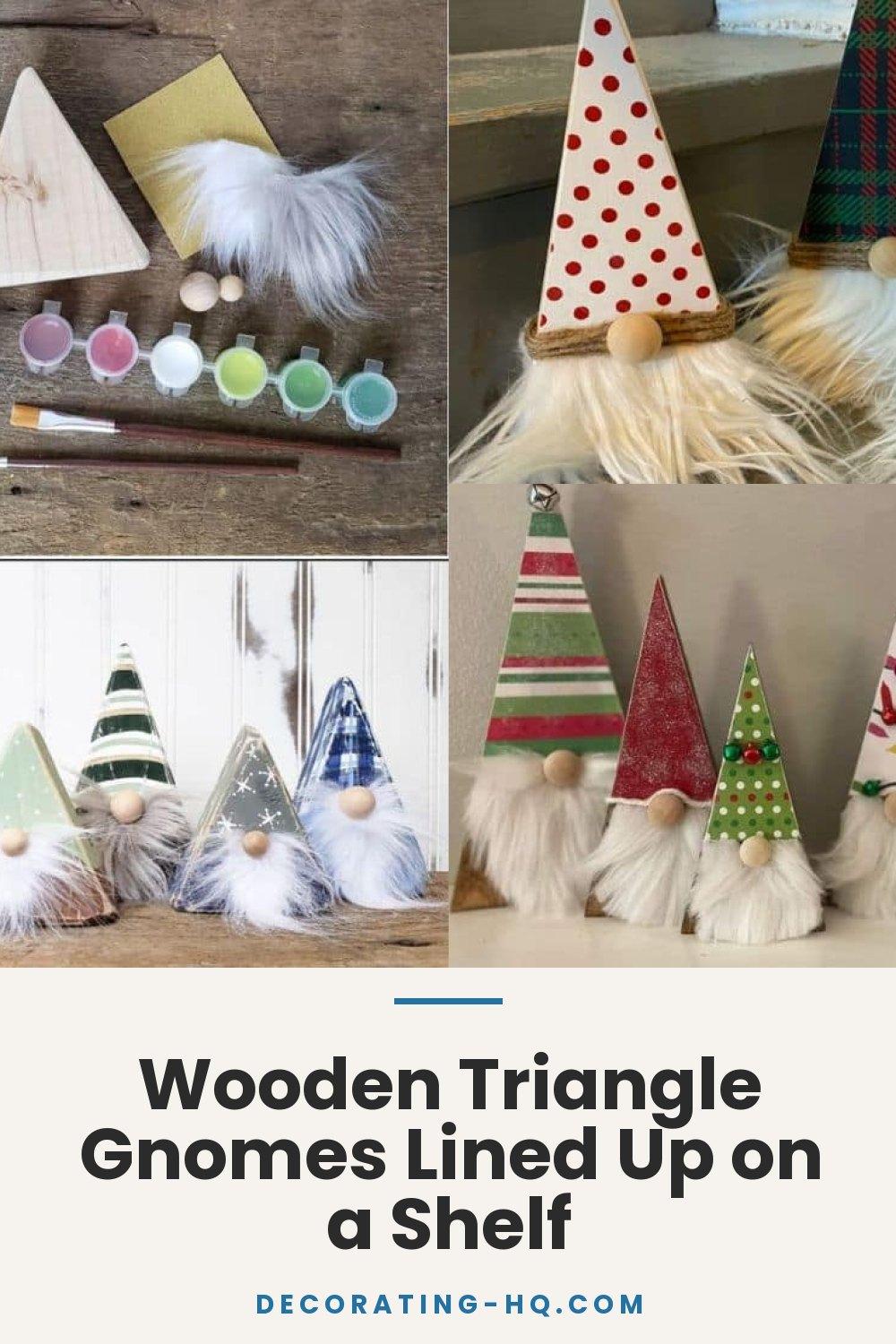 Wooden Triangle Gnomes Lined Up on a Shelf