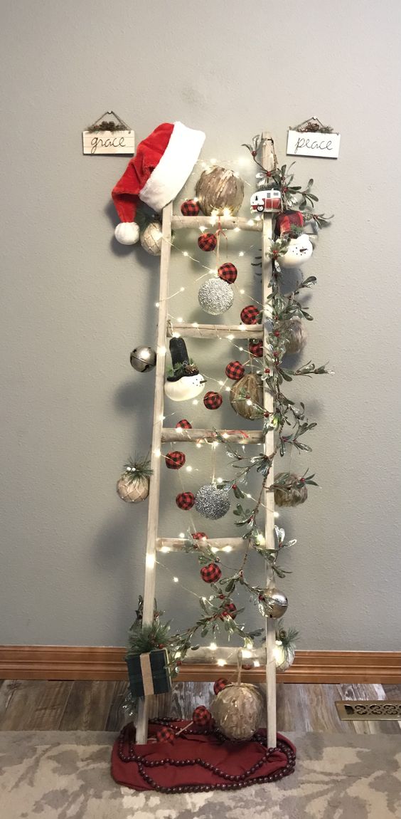 christmas trees made with a wooden ladder