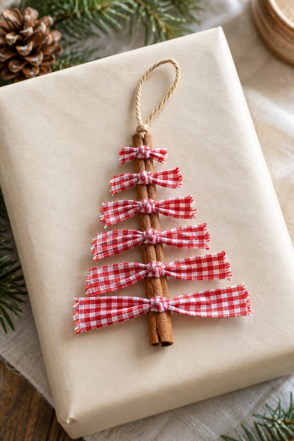 A cinnamon stick miniature tree with descending red gingham fabric branches and a twine loop