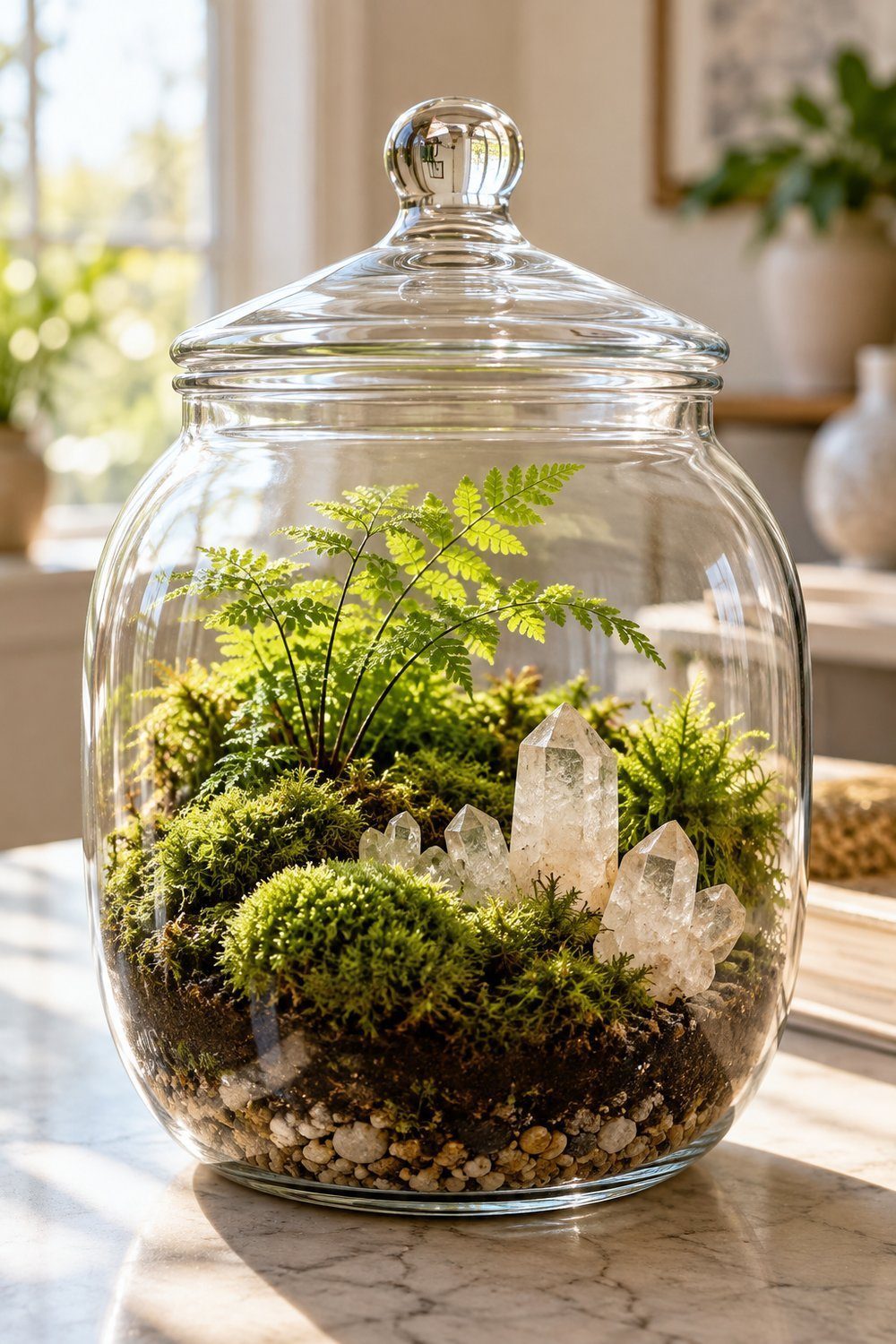 Living moss and a fern fill lidded glass behind pale crystal points
