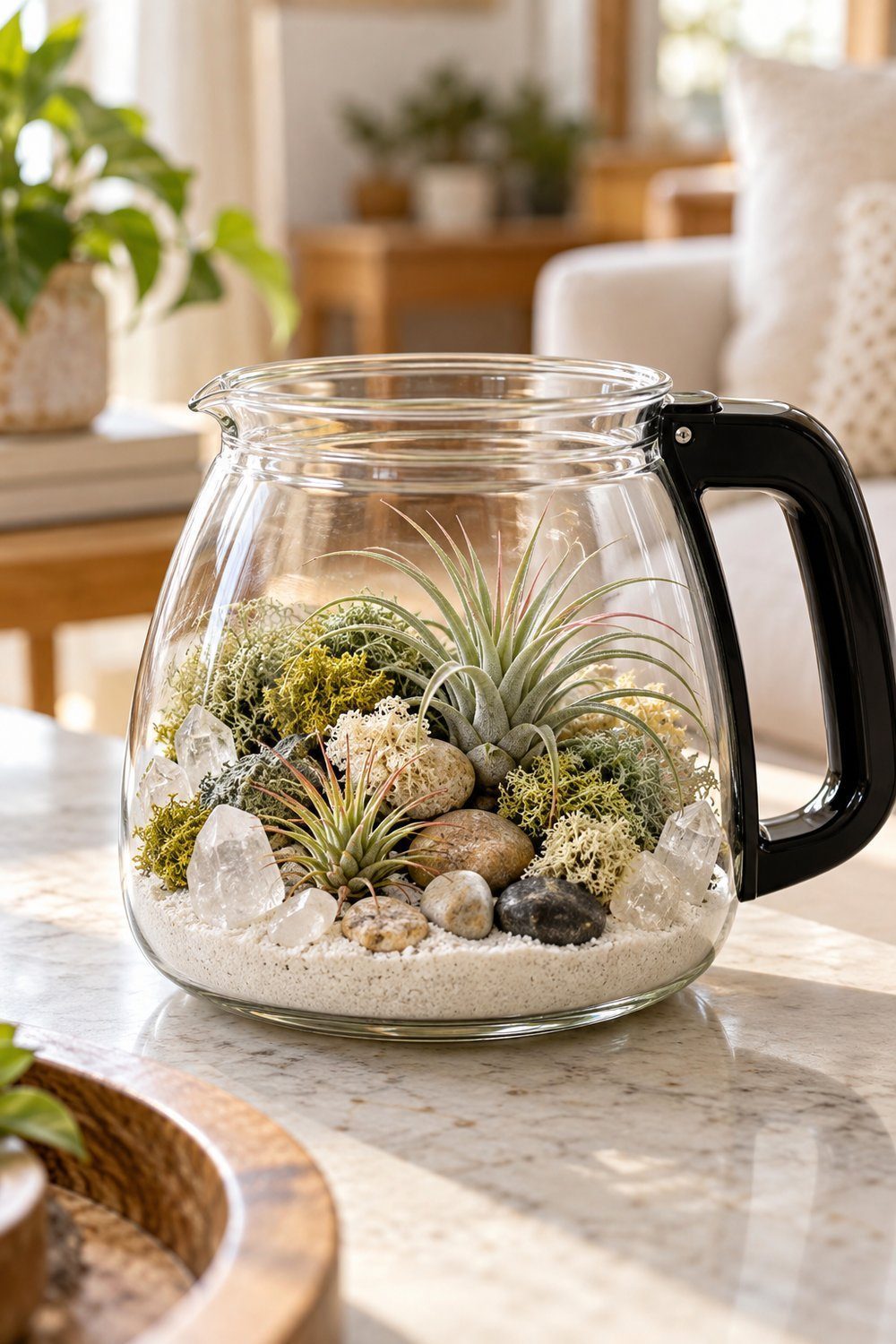 A repurposed coffee carafe holds air plants and a quartz-stone border
