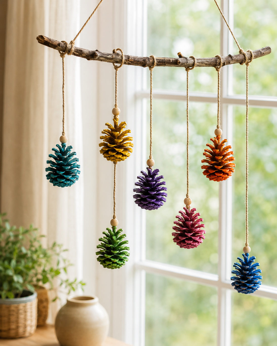 Colorful Handmade Mobile with Pine Cones: A Charming DIY Nature Craft Colorful Handmade Mobile with Pine Cones: A Charming DIY Nature Craft colorful handmade mobile with pine cones 1
