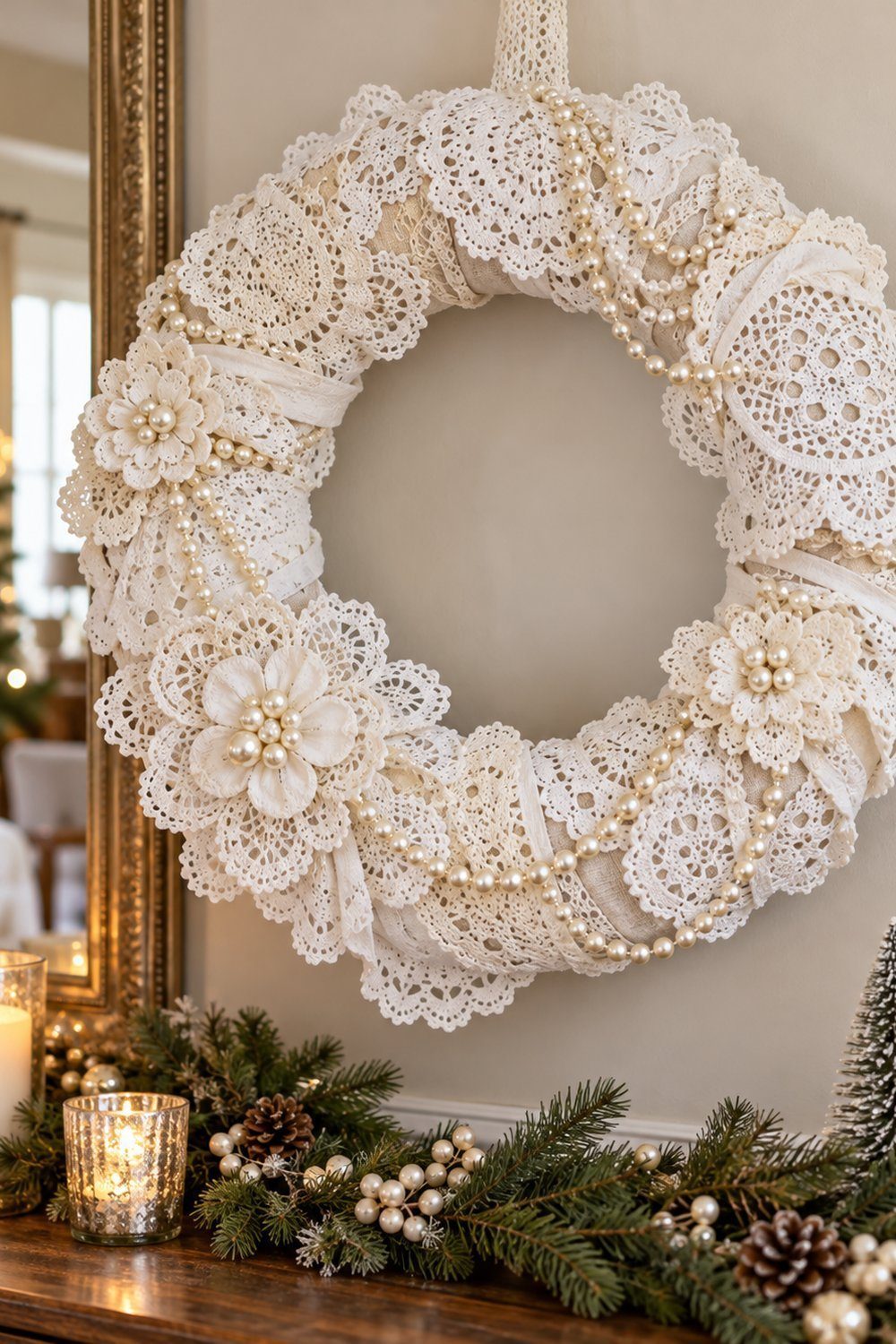 White cotton doilies cover a wreath above a Christmas console table.