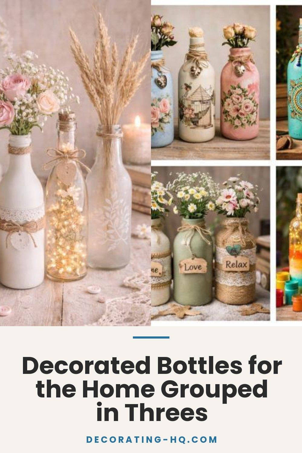 Decorated Bottles for the Home Grouped in Threes