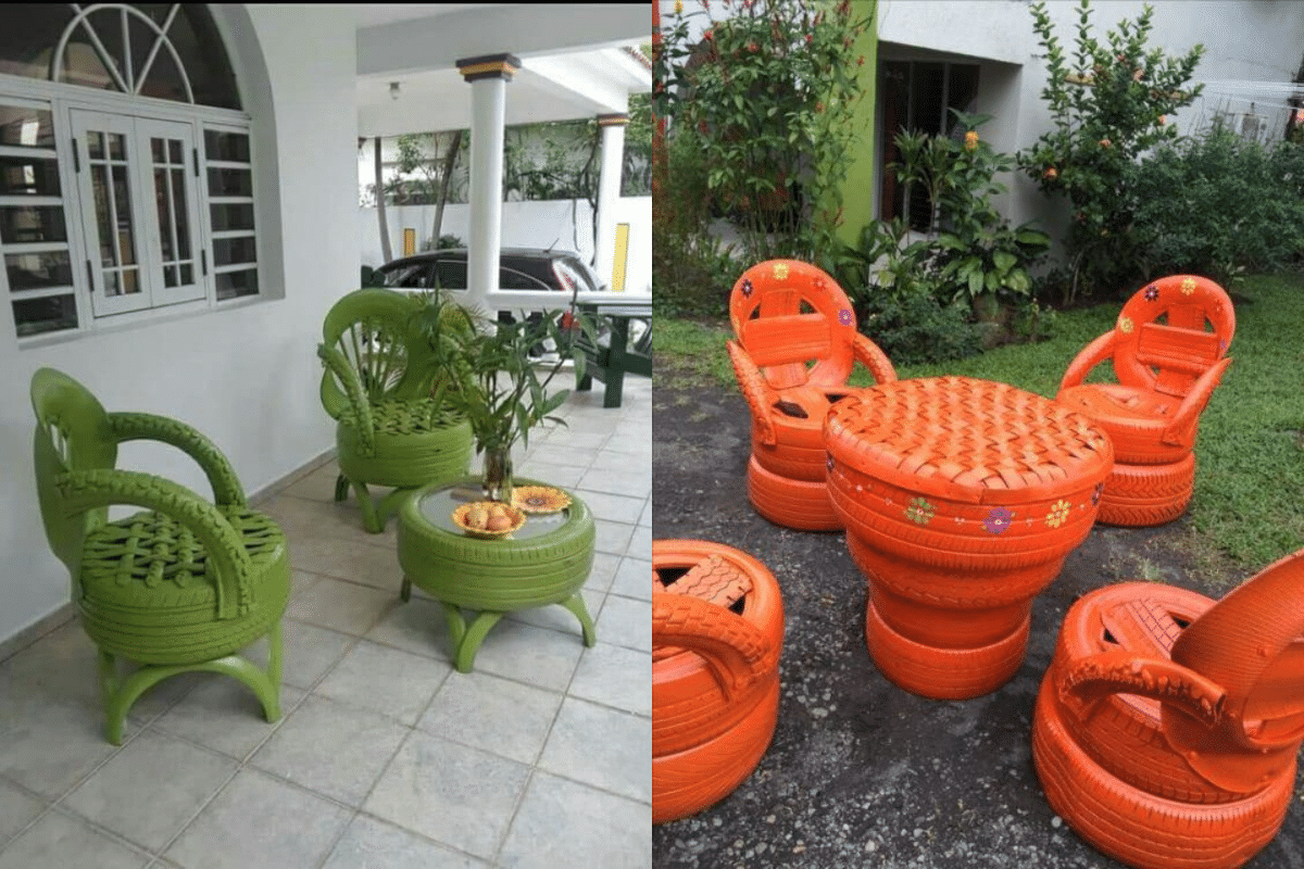 decorate your garden with sofas made from tires