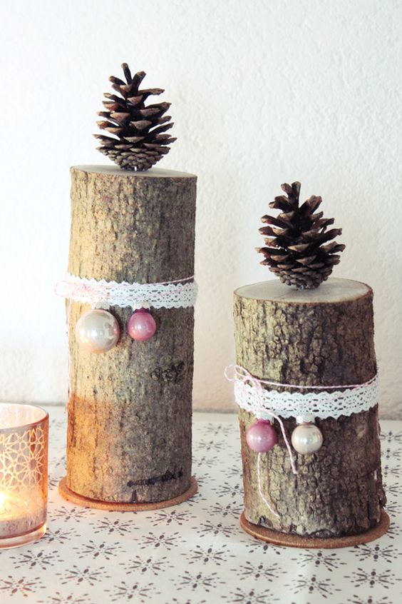 decorative candles crafted from wooden logs