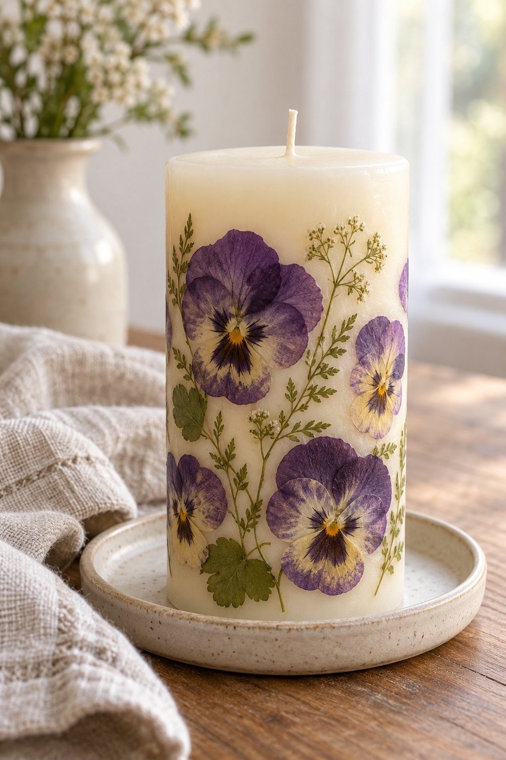 Unlit ivory pillar candle decorated with pressed purple pansies and green leaves