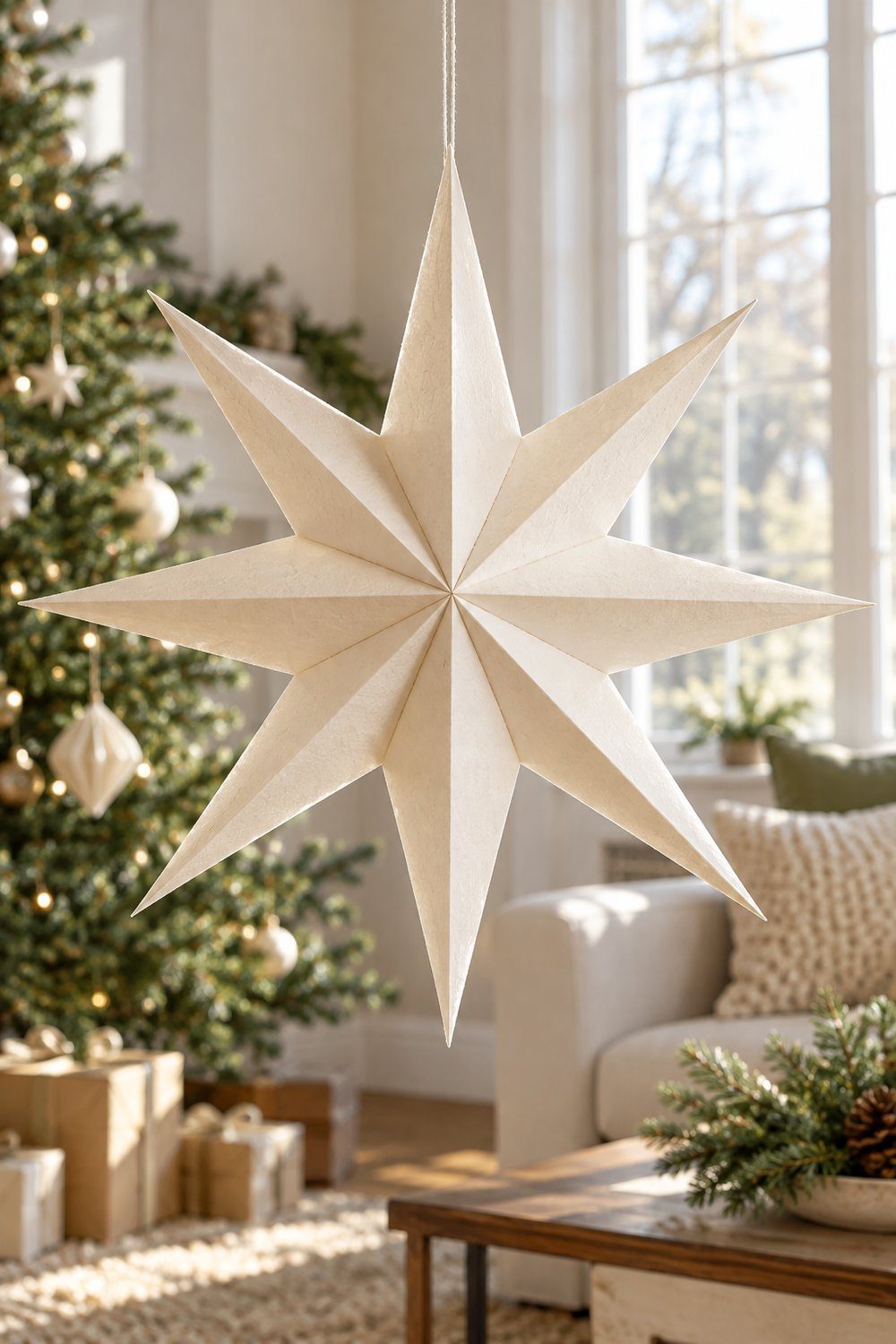 Dimensional eight-point paper star with hollow folded points hanging by ribbon