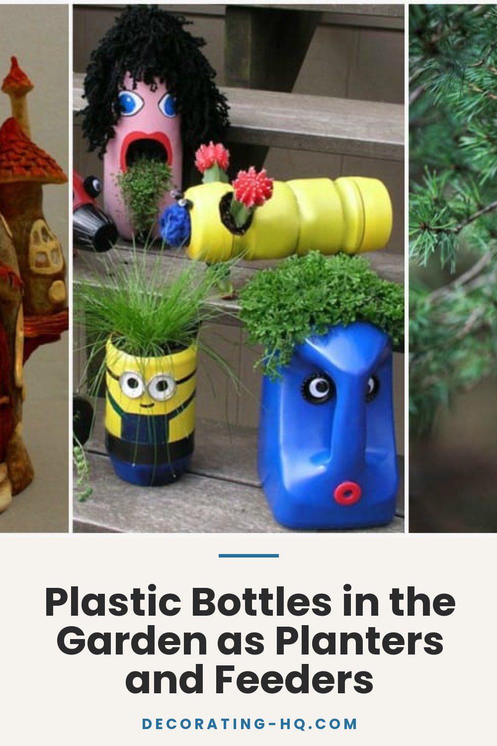 Plastic Bottles in the Garden as Planters and Feeders