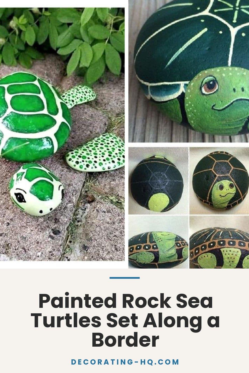 Painted Rock Sea Turtles Set Along a Border