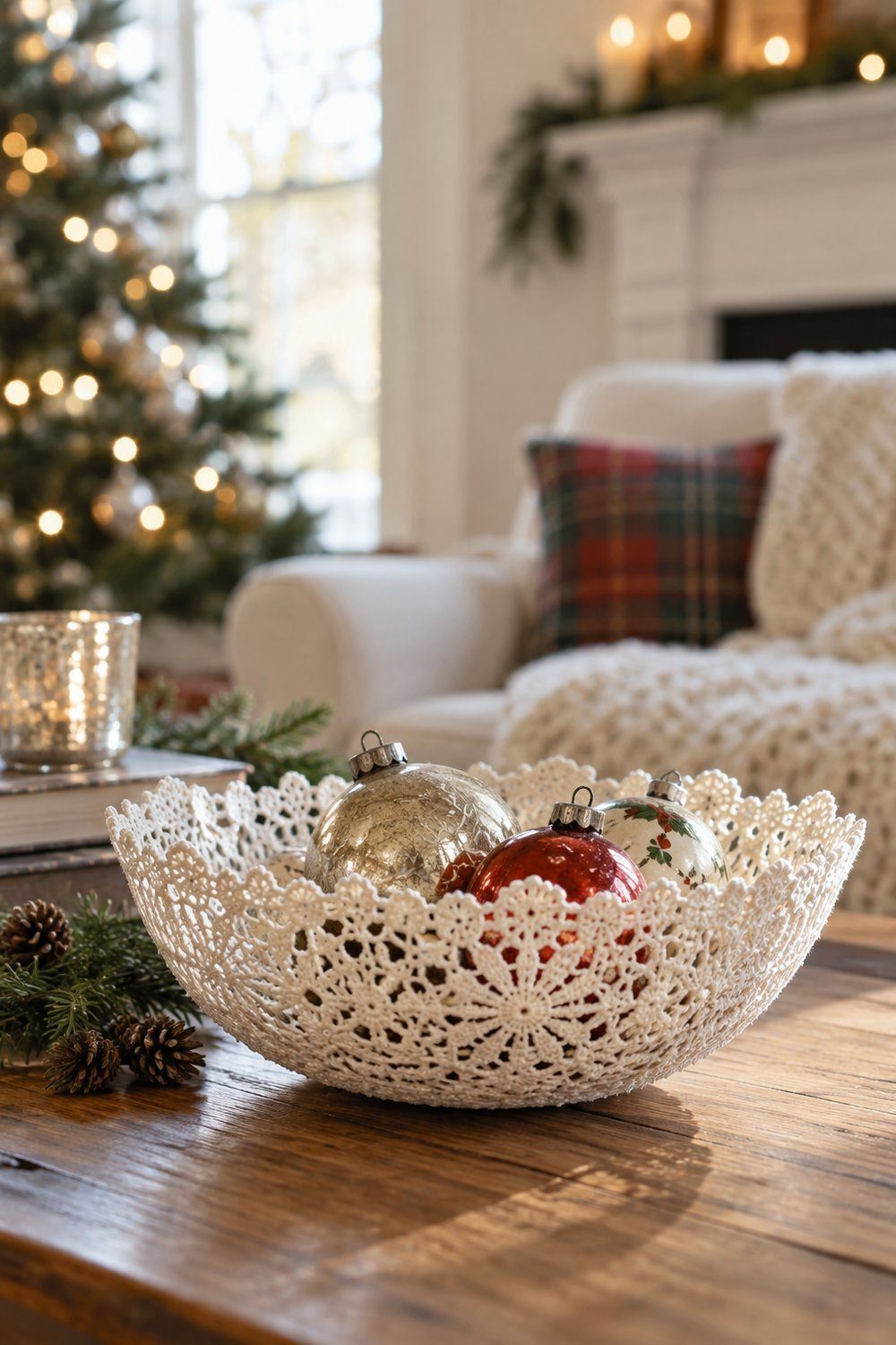 An ivory doily bowl holds lightweight ornaments on a Christmas coffee table.
