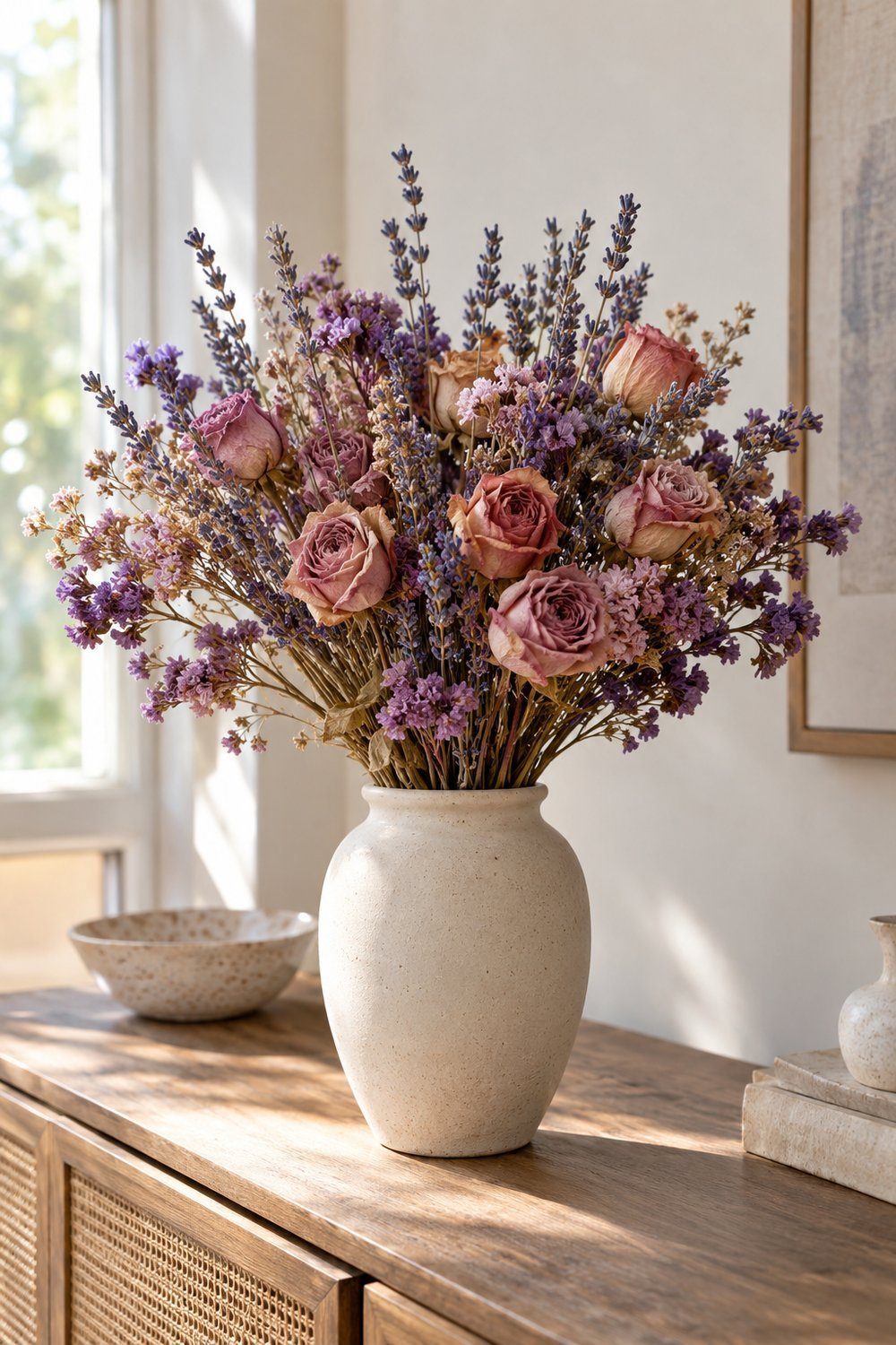 Dried roses, lavender, and purple statice arranged in a cream ceramic vase