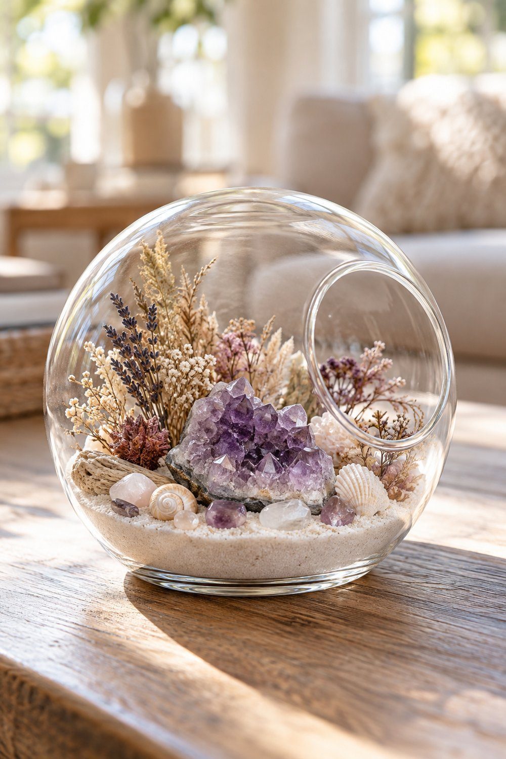 Dried flowers and purple amethyst arranged inside a flat-bottomed glass globe