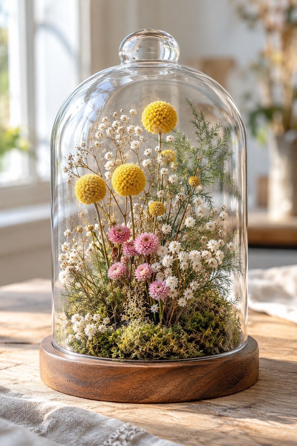 Glass cloche enclosing dried craspedia, baby’s breath, and delicate green ming fern