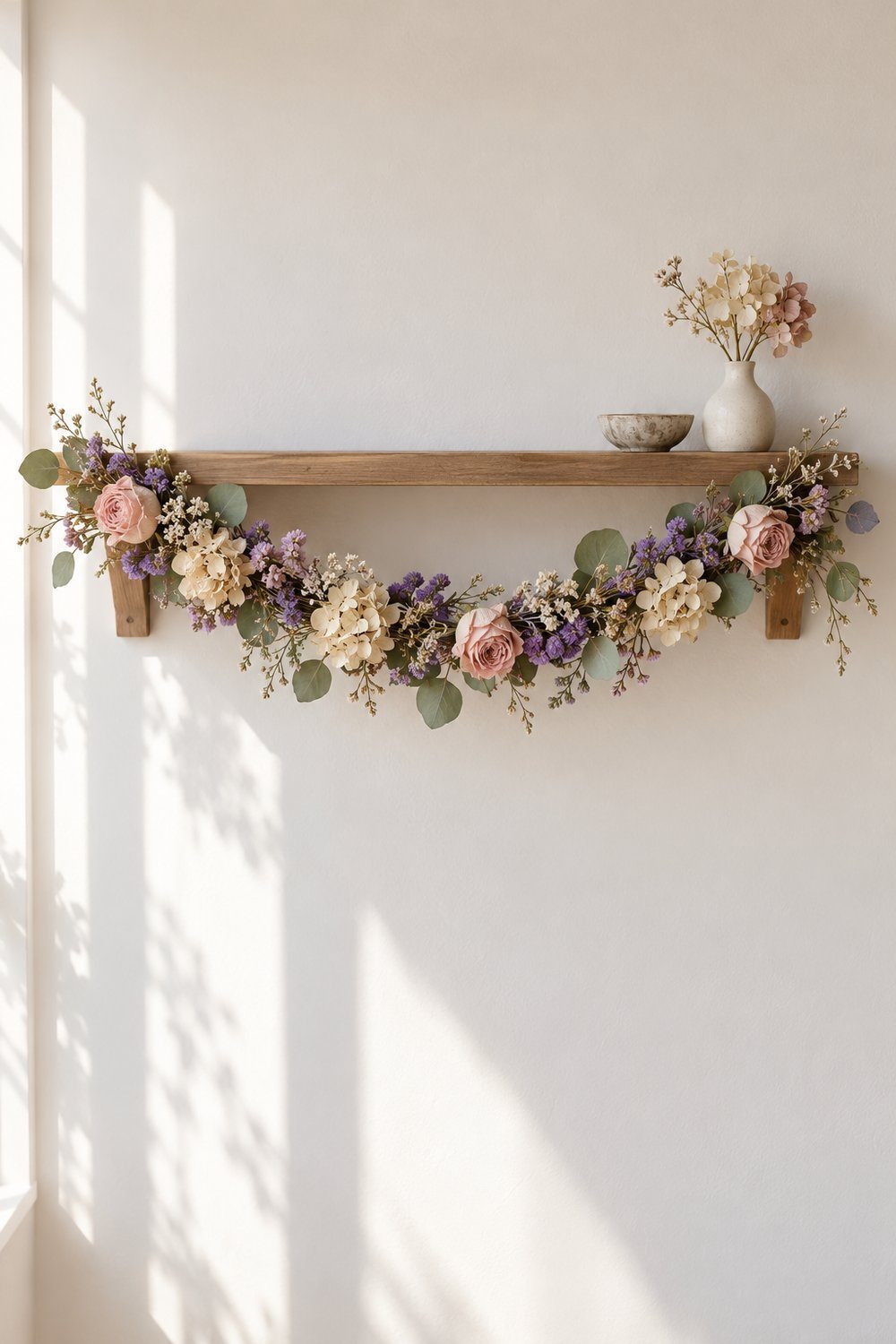Dried flower garland with roses, statice, hydrangea, and eucalyptus on a shelf