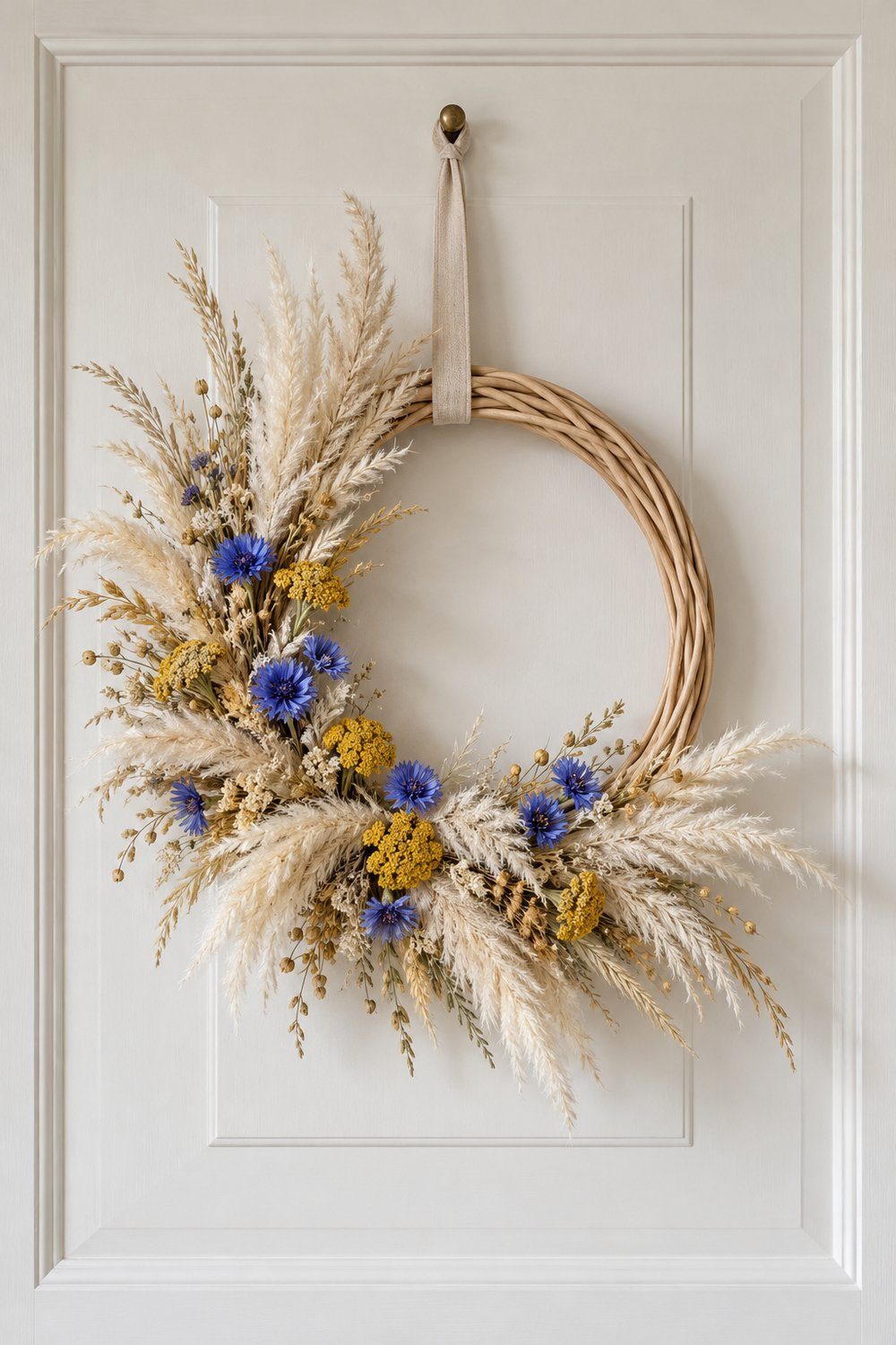 Dried yarrow and cornflower wreath woven around a rattan base with ribbon