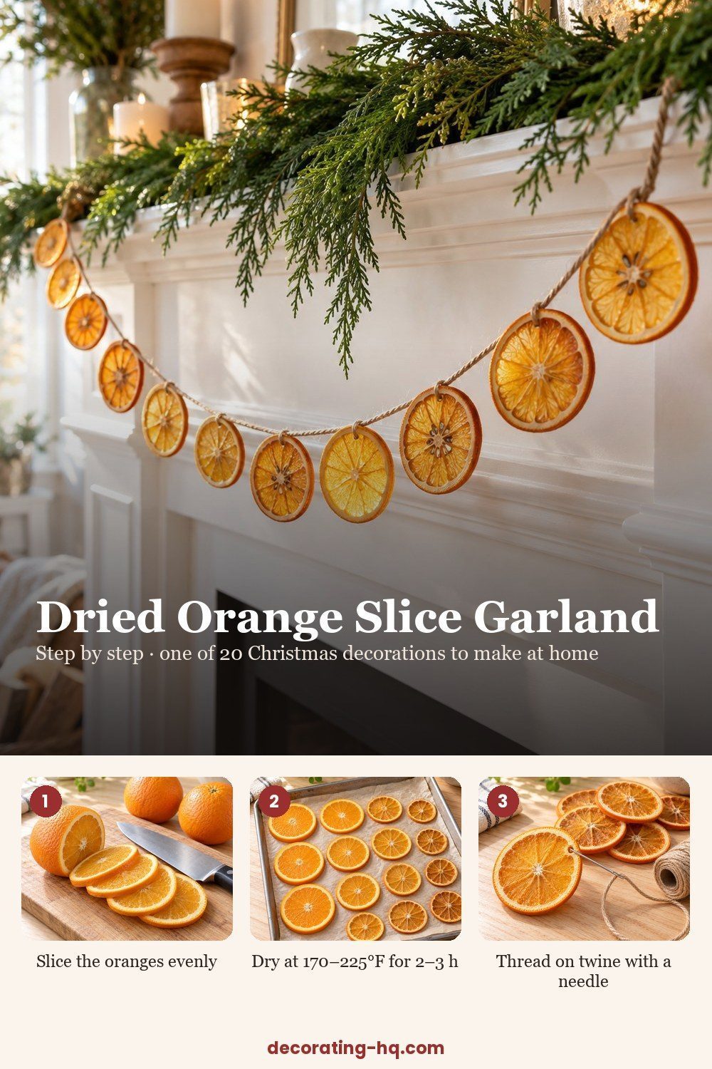 Dried orange slice garland step by step: slicing, drying on a baking sheet, threading on twine and hanging on the mantel