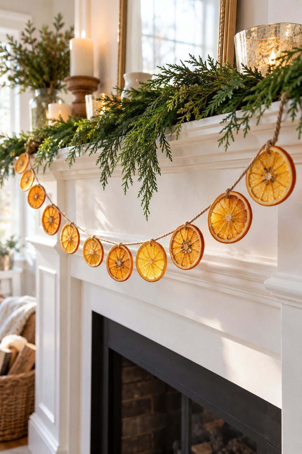 A garland of translucent amber dried orange rounds on twine drapes across fresh cedar on