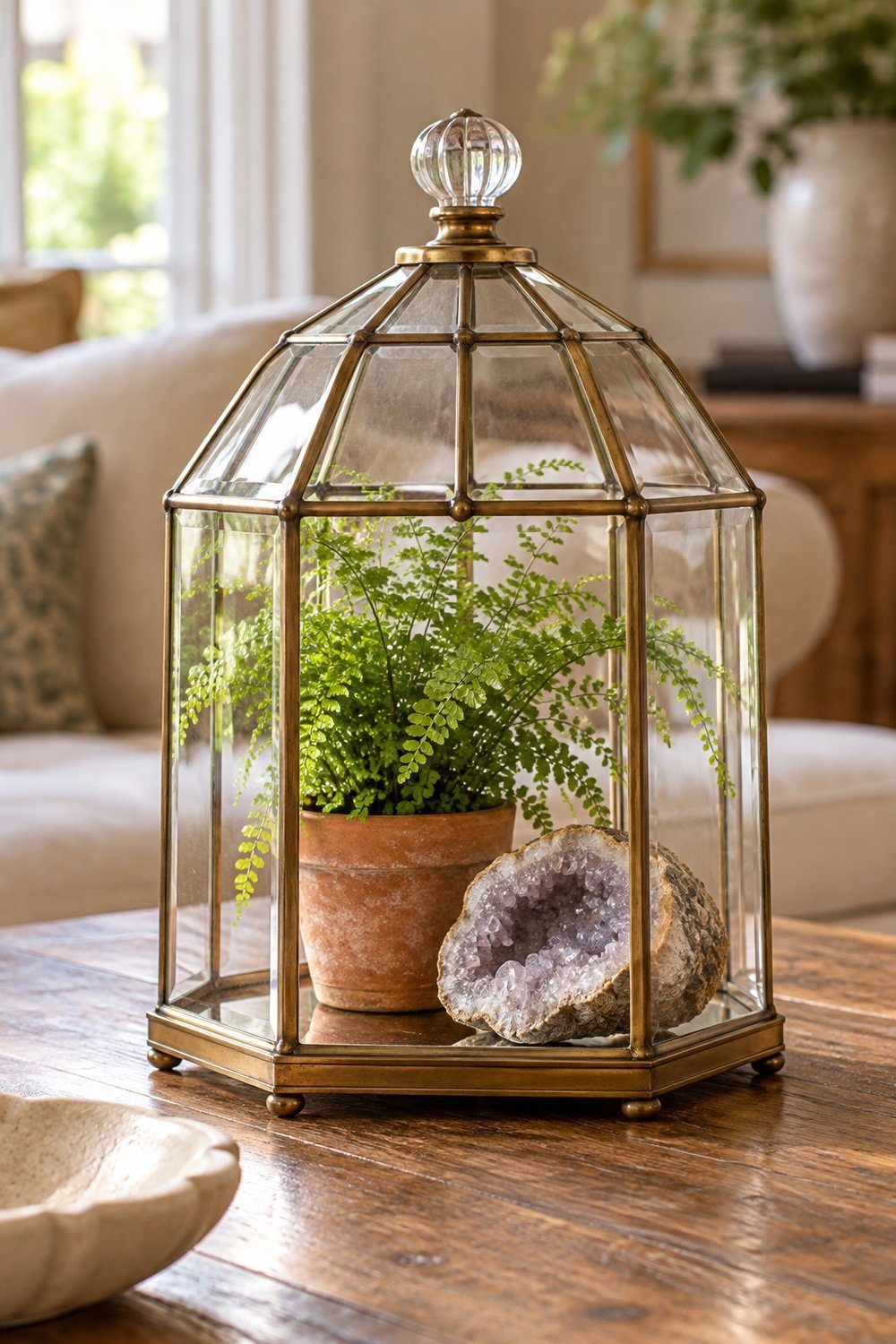 A brass lamp-shade cloche covers a potted fern beside a geode