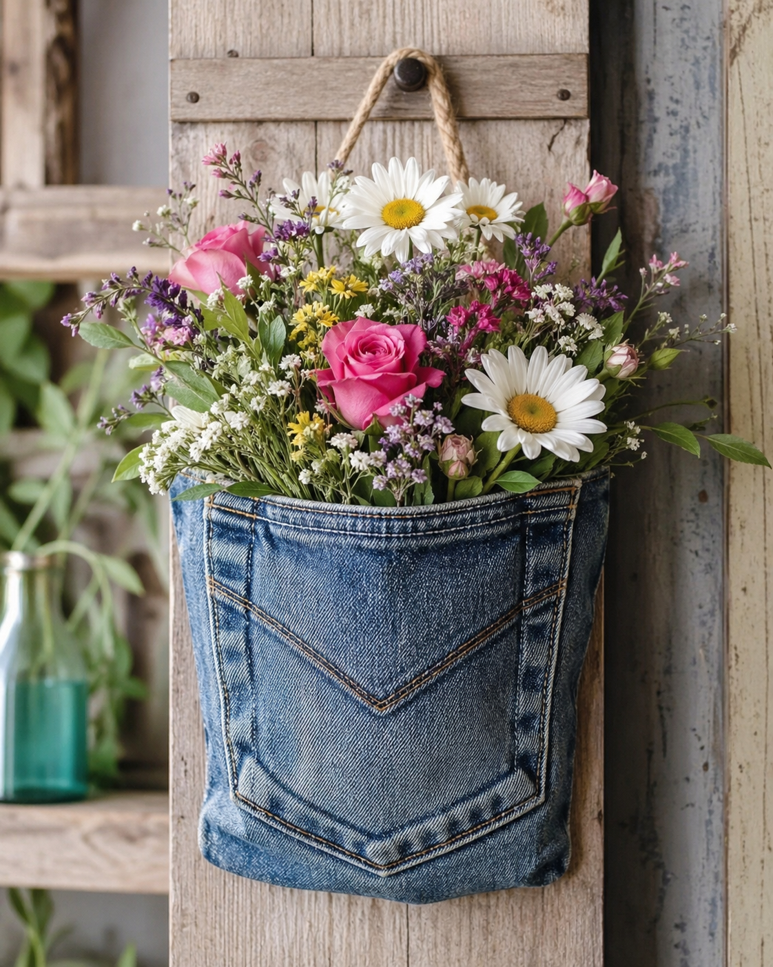 Flower Arrangement Made from a Jeans Pocket: Creative Denim Craft Ideas for Upcycled Home Décor Flower Arrangement Made from a Jeans Pocket: Creative Denim Craft Ideas for Upcycled Home Décor flower arrangement made from a jeans pocket