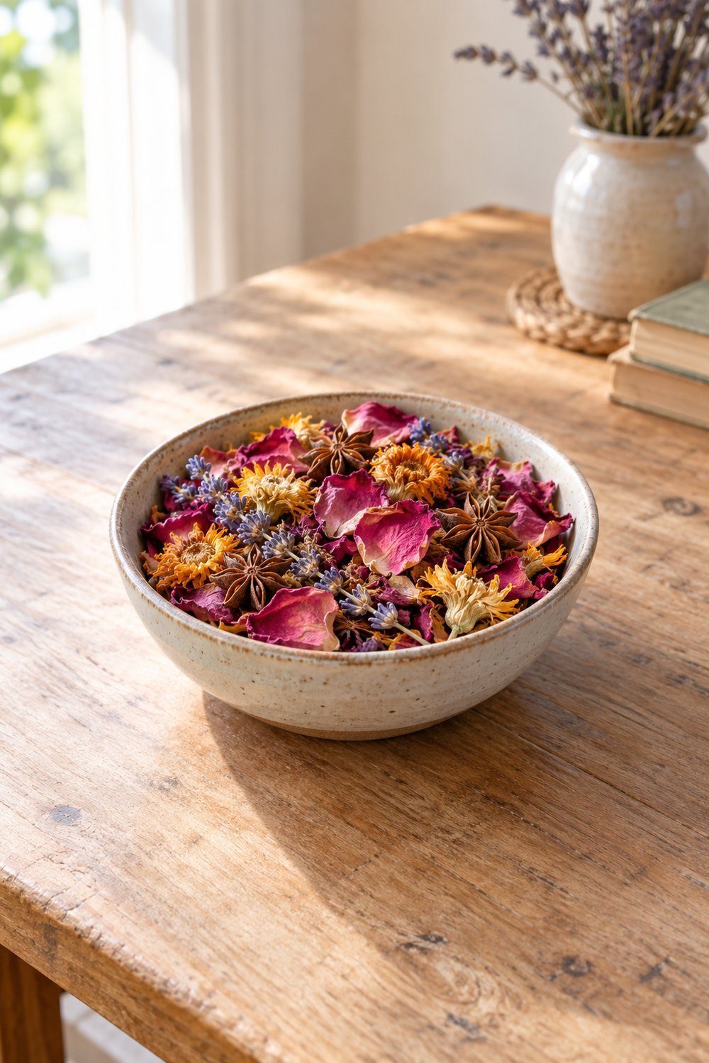 Dried rose petals, calendula, lavender, and spices displayed together as fragrant potpourri