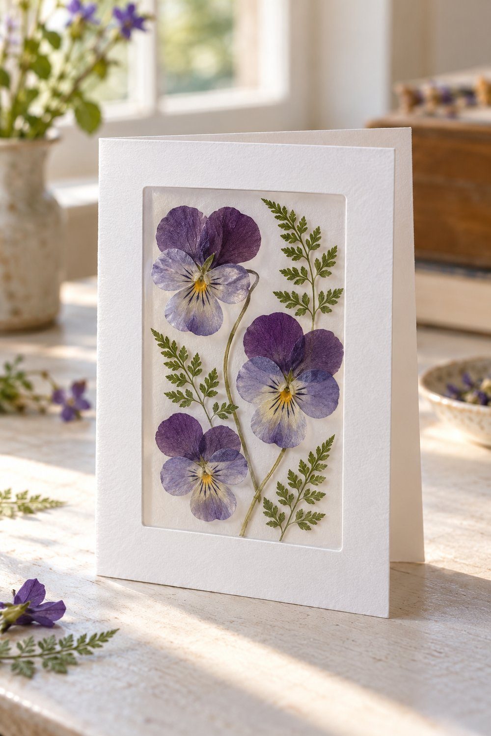White greeting card with pressed violas visible through a transparent floral window