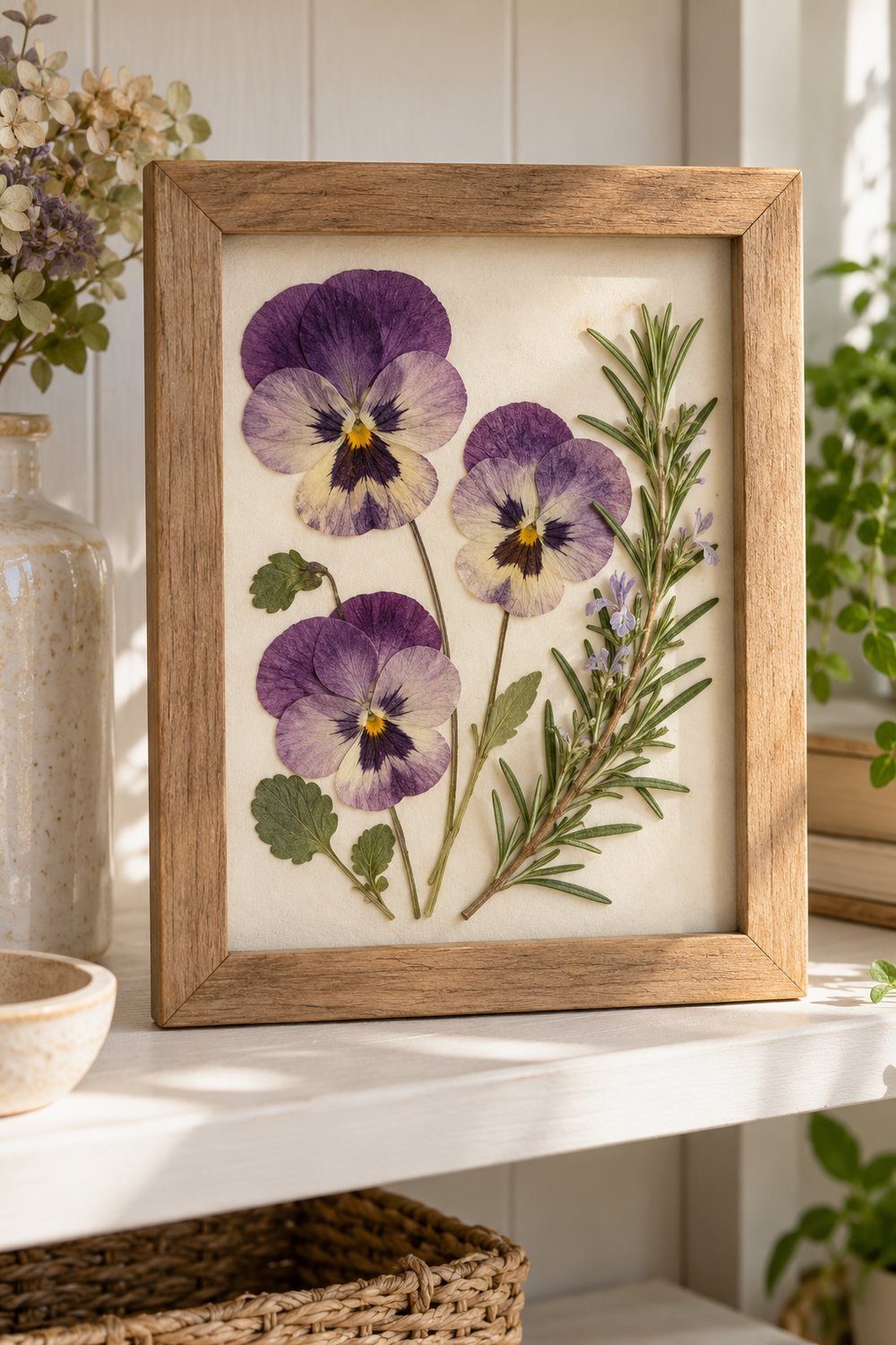 Framed pressed pansies and rosemary arranged on cream paper in a wooden frame