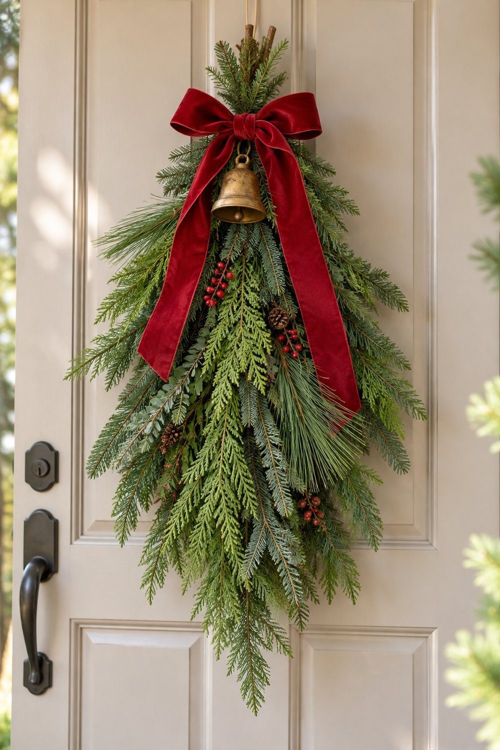 A fresh fir cedar and pine door swag fans downward beneath a deep red ribbon