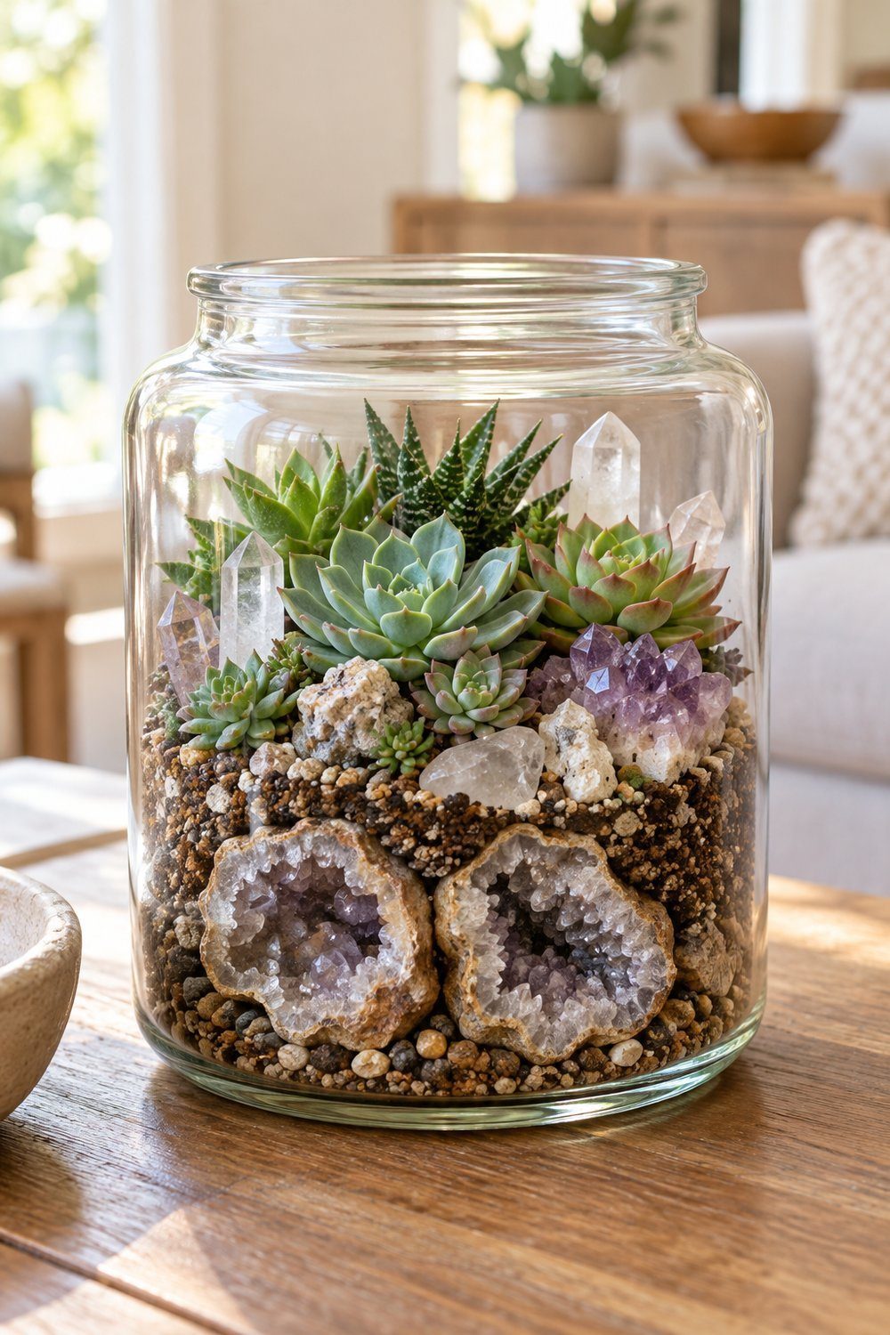 Outward-facing geode pieces frame succulents and quartz in an open glass jar