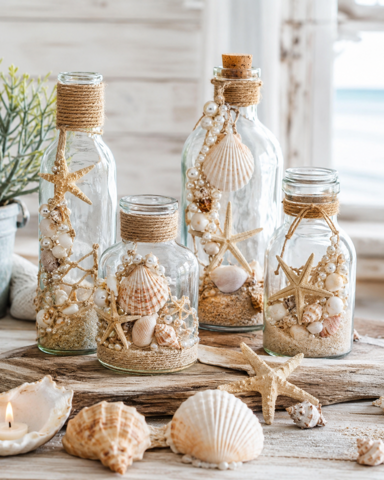 Glass Bottles Adorned with Seashells: Beautiful Coastal DIY Decor Ideas Glass Bottles Adorned with Seashells: Beautiful Coastal DIY Decor Ideas glass bottles adorned with seashells 6
