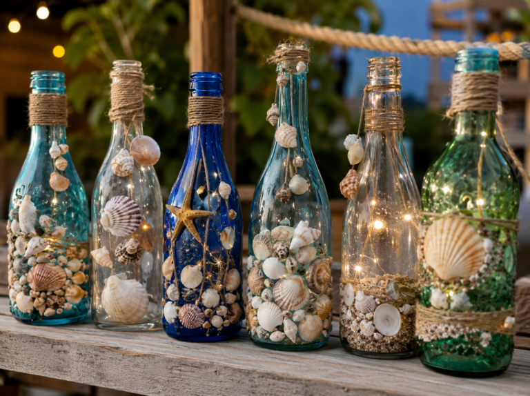 Glass Bottles Adorned with Seashells: Beautiful Coastal DIY Decor Ideas Glass Bottles Adorned with Seashells: Beautiful Coastal DIY Decor Ideas glass bottles adorned with seashells 8