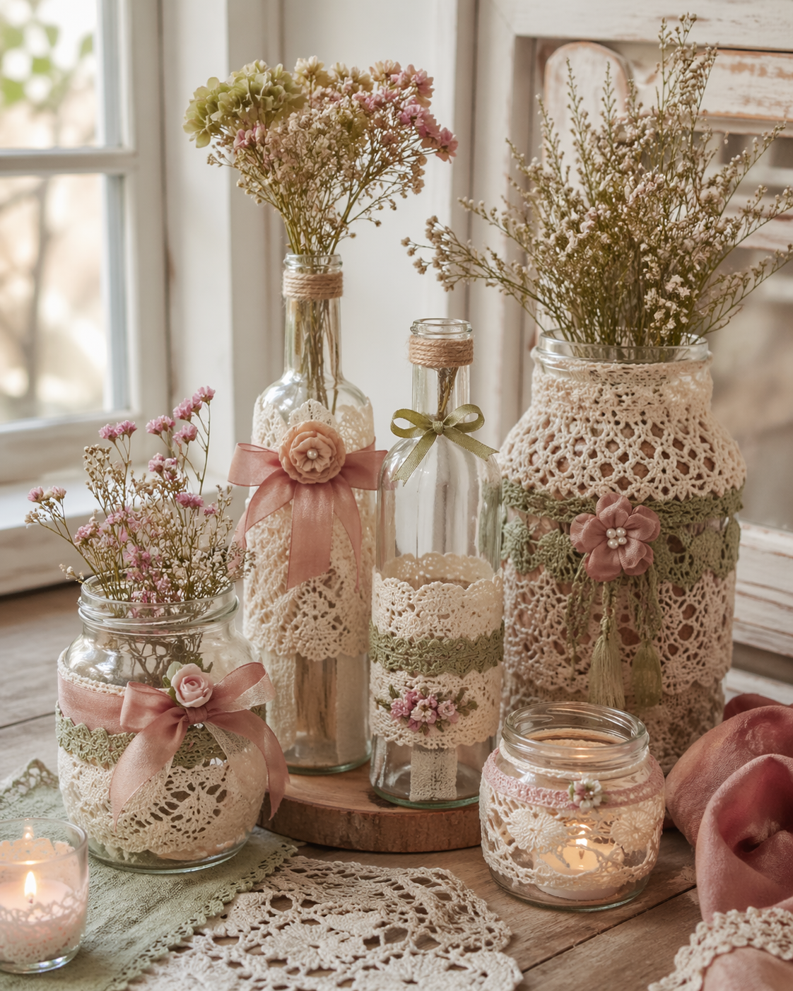 Glass Jars and Bottles Decorated with Lace for Home Decor Glass Jars and Bottles Decorated with Lace for Home Decor glass jars and bottles decorated with lace 3