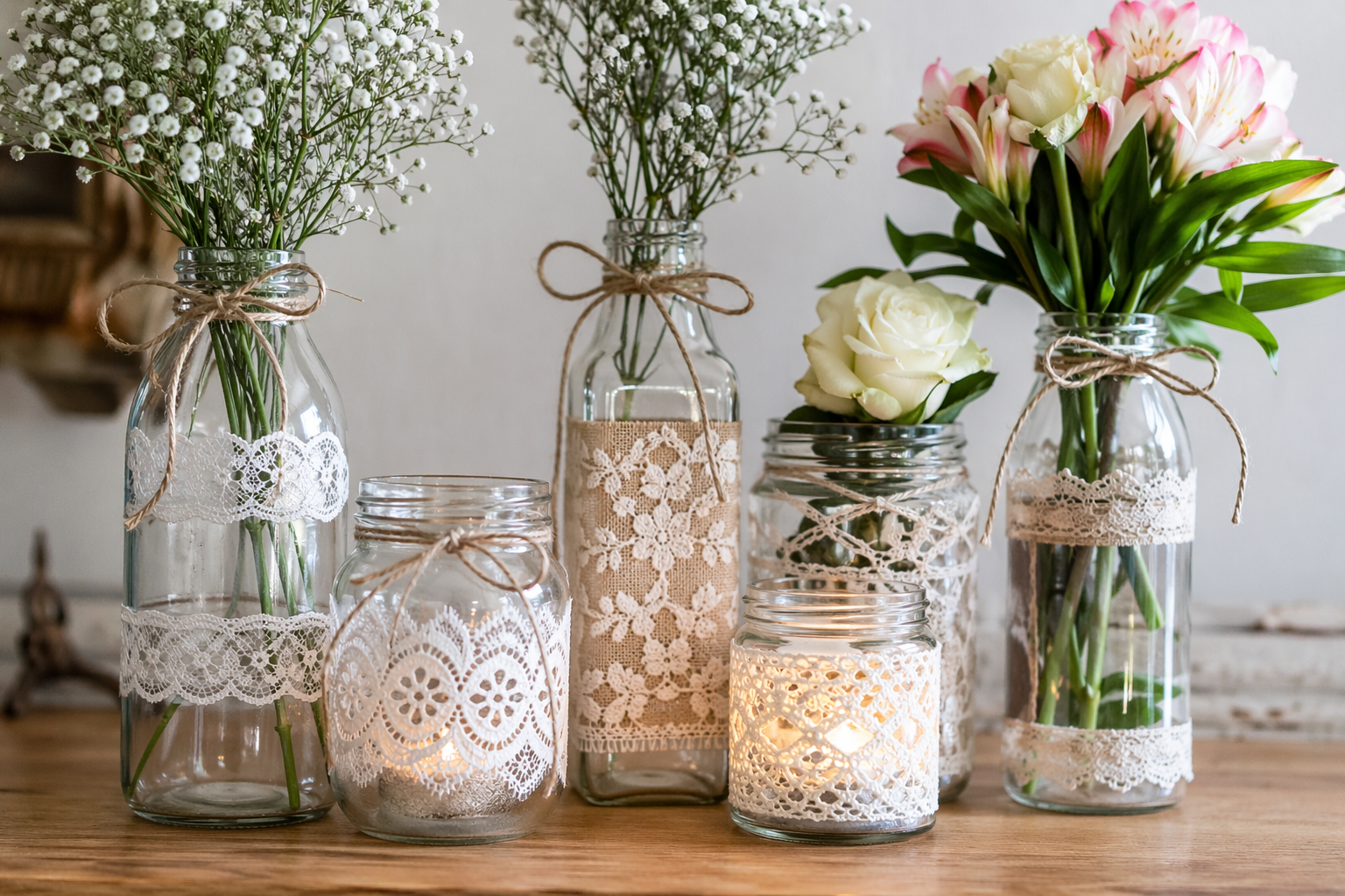 Glass Jars and Bottles Decorated with Lace for Home Decor Glass Jars and Bottles Decorated with Lace for Home Decor glass jars and bottles decorated with lace